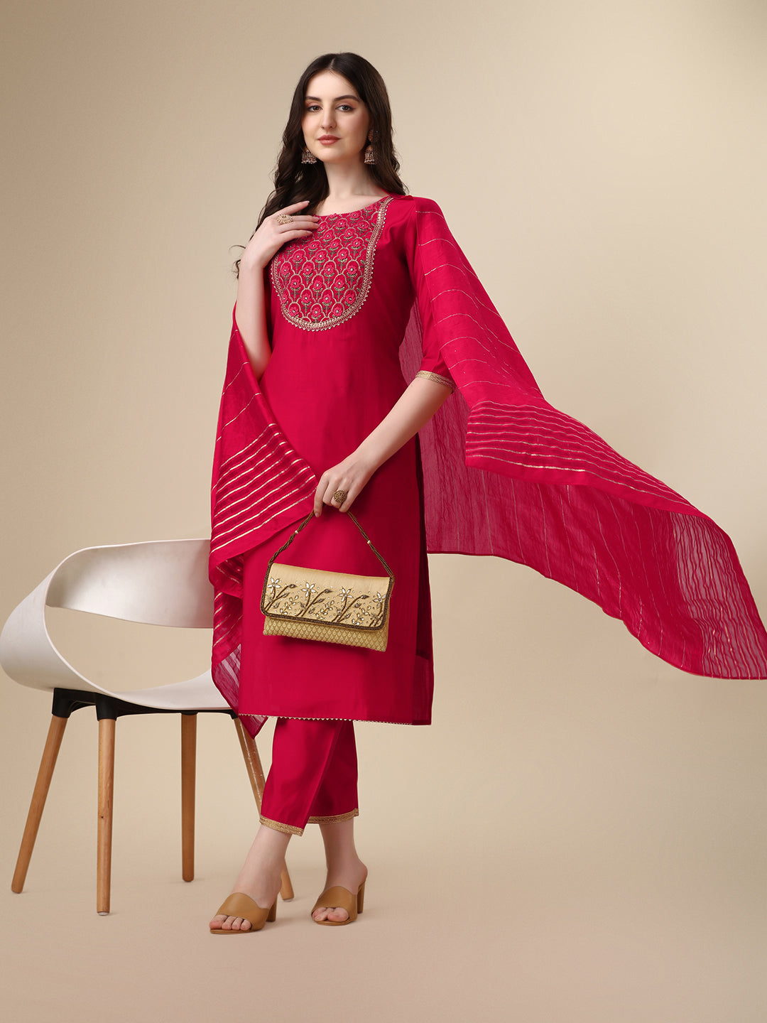 Embroidered Kurta With Pant And Dupatta Set, Multicolor - Hiral Fashion