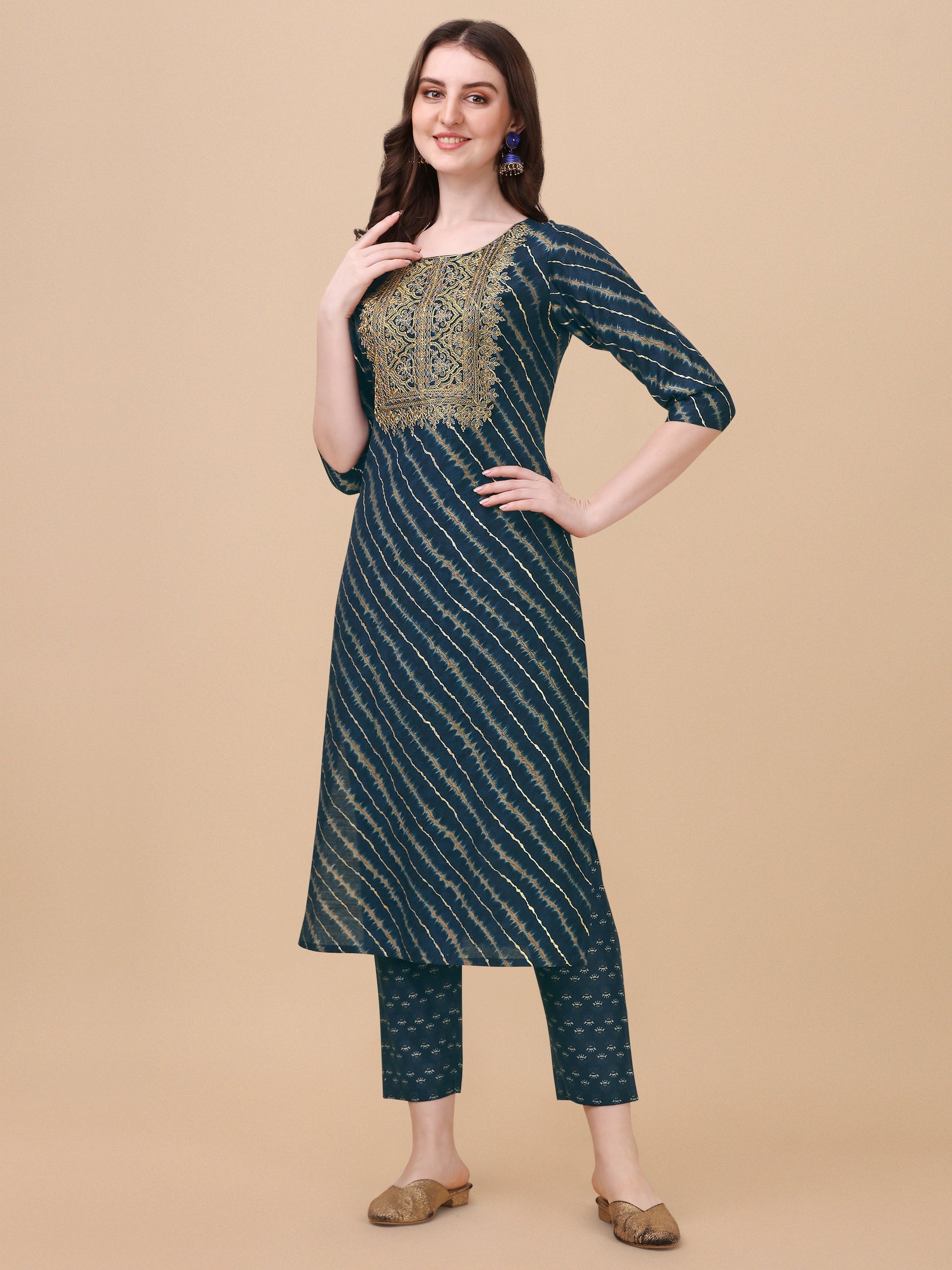 Leheriya Printed & Embroidered Kurta With Pant & Dupatta Set, Multicolor - Hiral Fashion