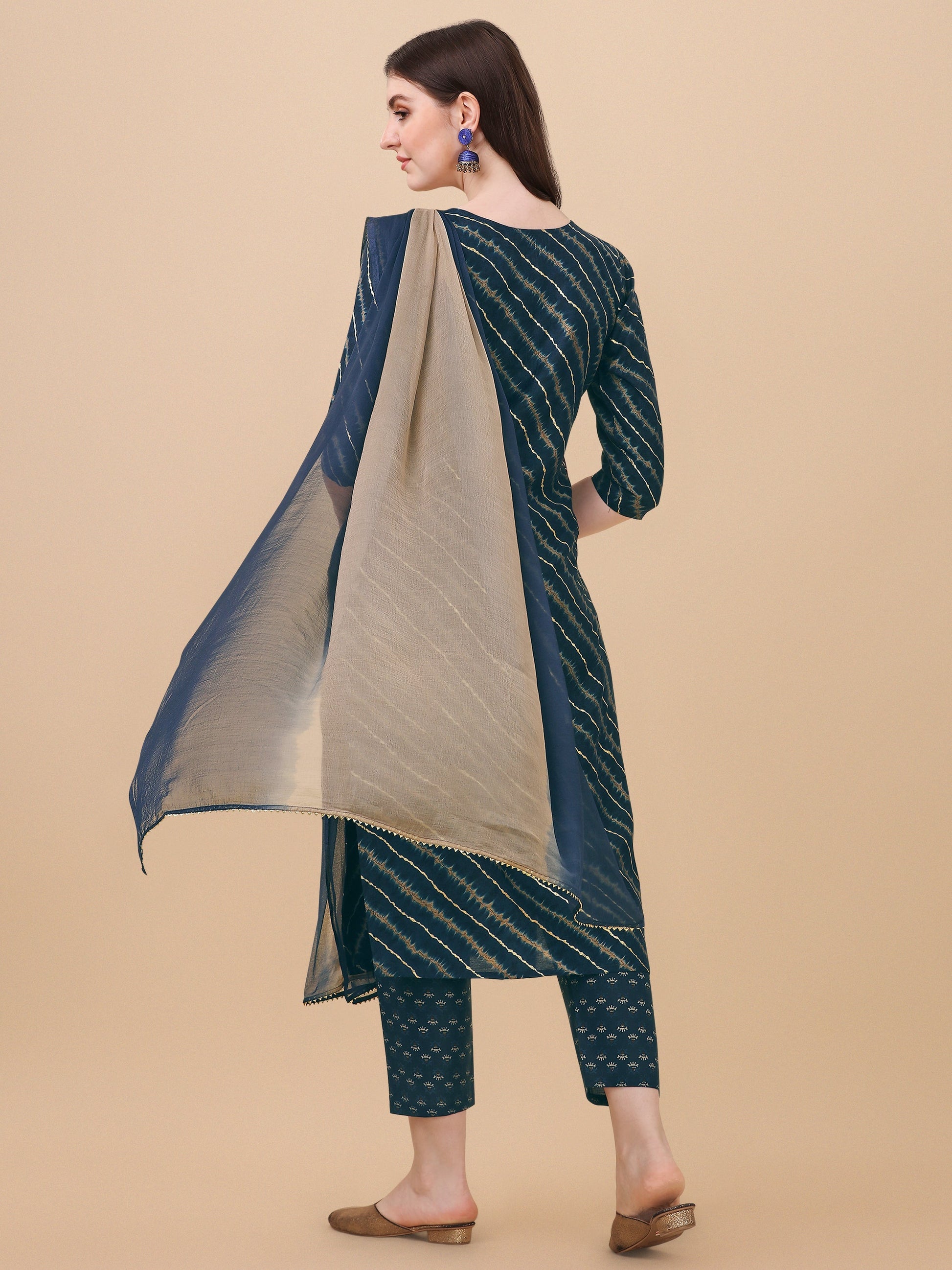 Leheriya Printed & Embroidered Kurta With Pant & Dupatta Set, Multicolor - Hiral Fashion