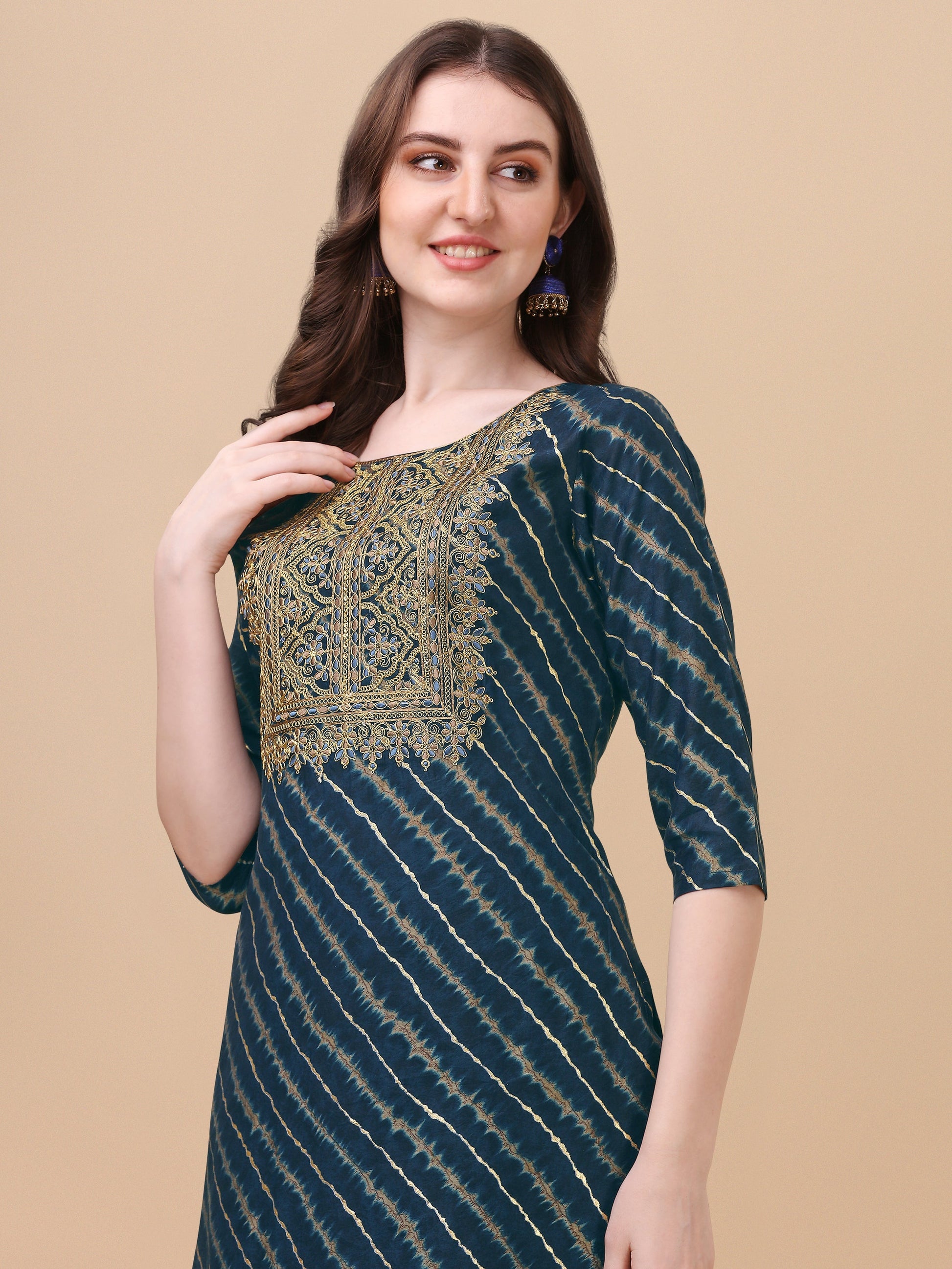 Leheriya Printed & Embroidered Kurta With Pant & Dupatta Set, Multicolor - Hiral Fashion
