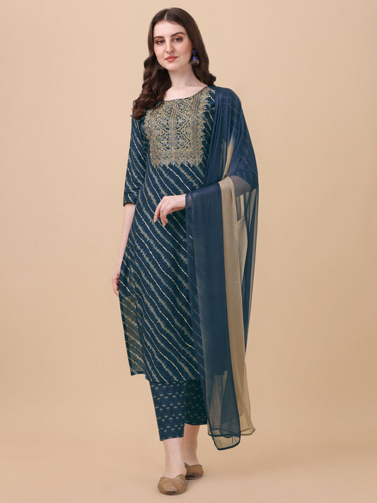Leheriya Printed & Embroidered Kurta With Pant & Dupatta Set, Multicolor - Hiral Fashion