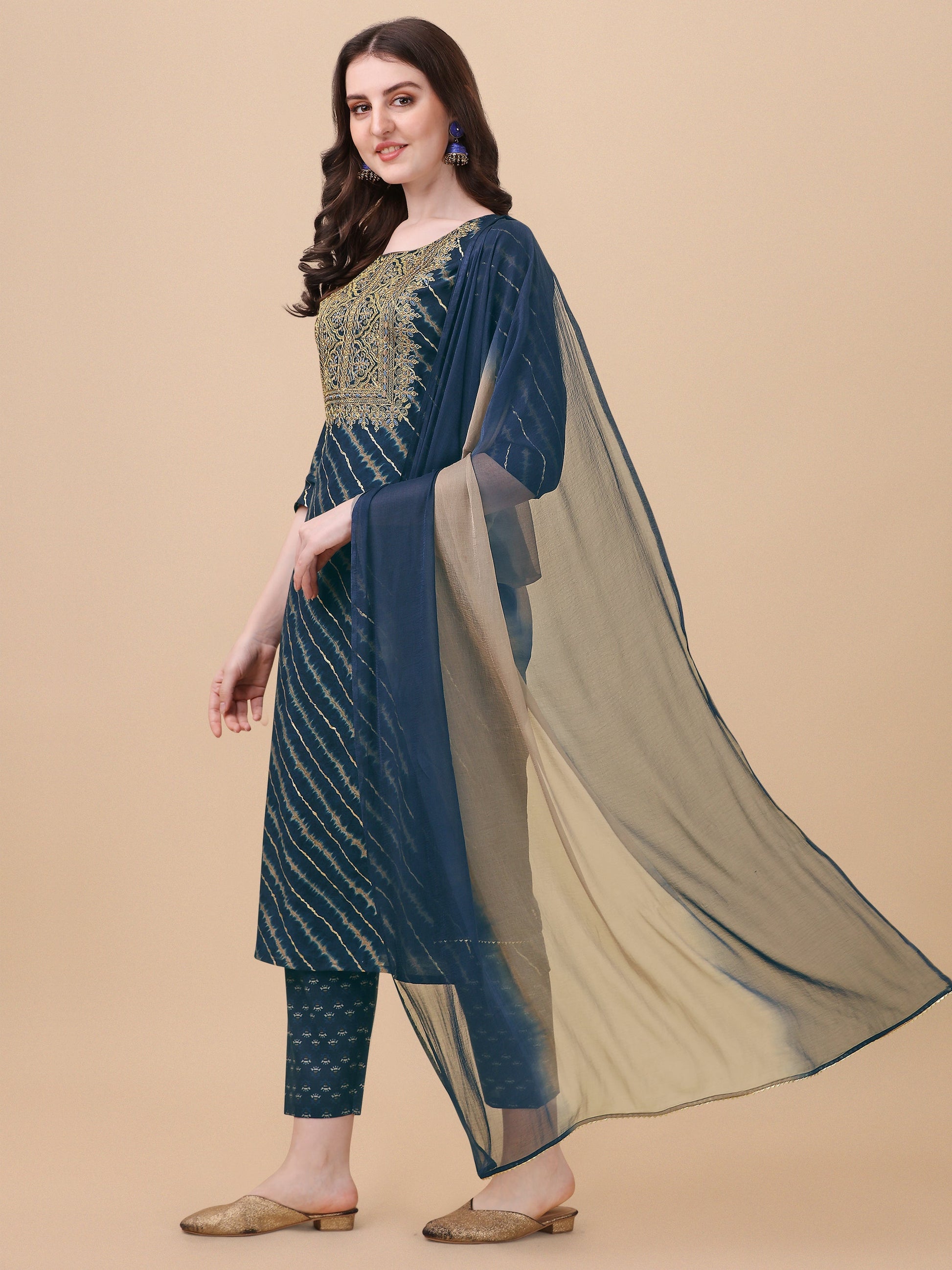 Leheriya Printed & Embroidered Kurta With Pant & Dupatta Set, Multicolor - Hiral Fashion