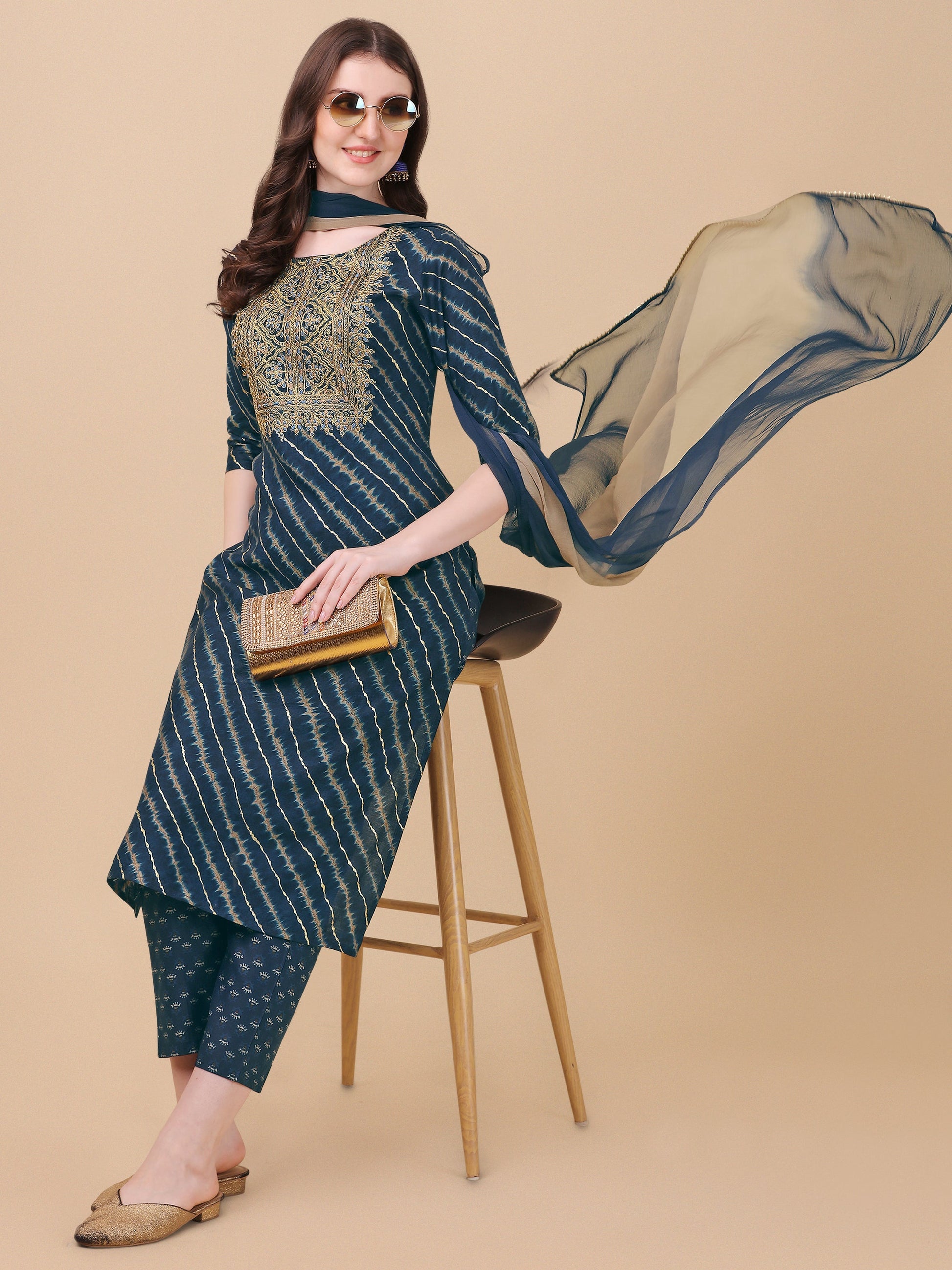 Leheriya Printed & Embroidered Kurta With Pant & Dupatta Set, Multicolor - Hiral Fashion