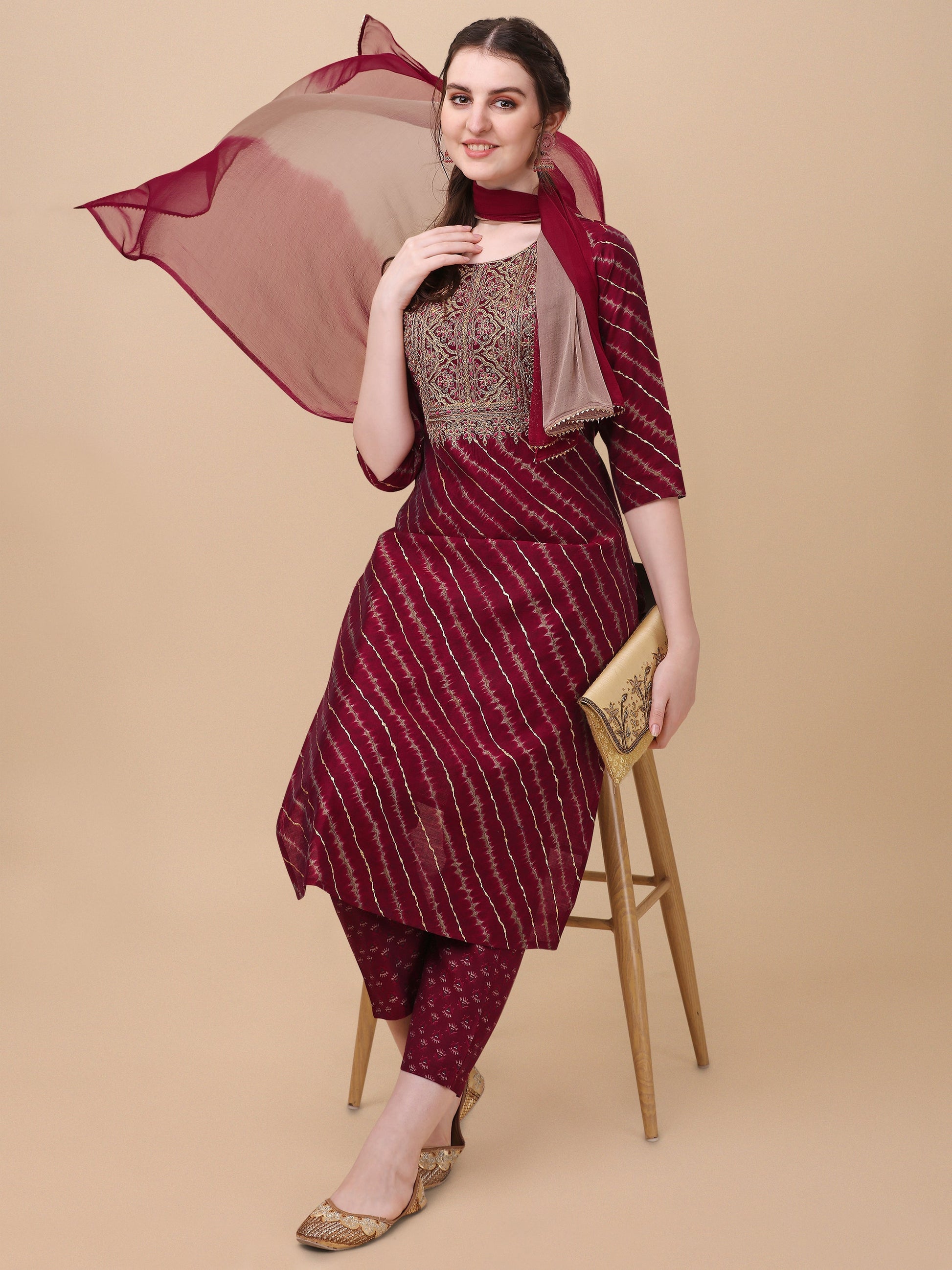 Leheriya Printed & Embroidered Kurta With Pant & Dupatta Set, Multicolor - Hiral Fashion