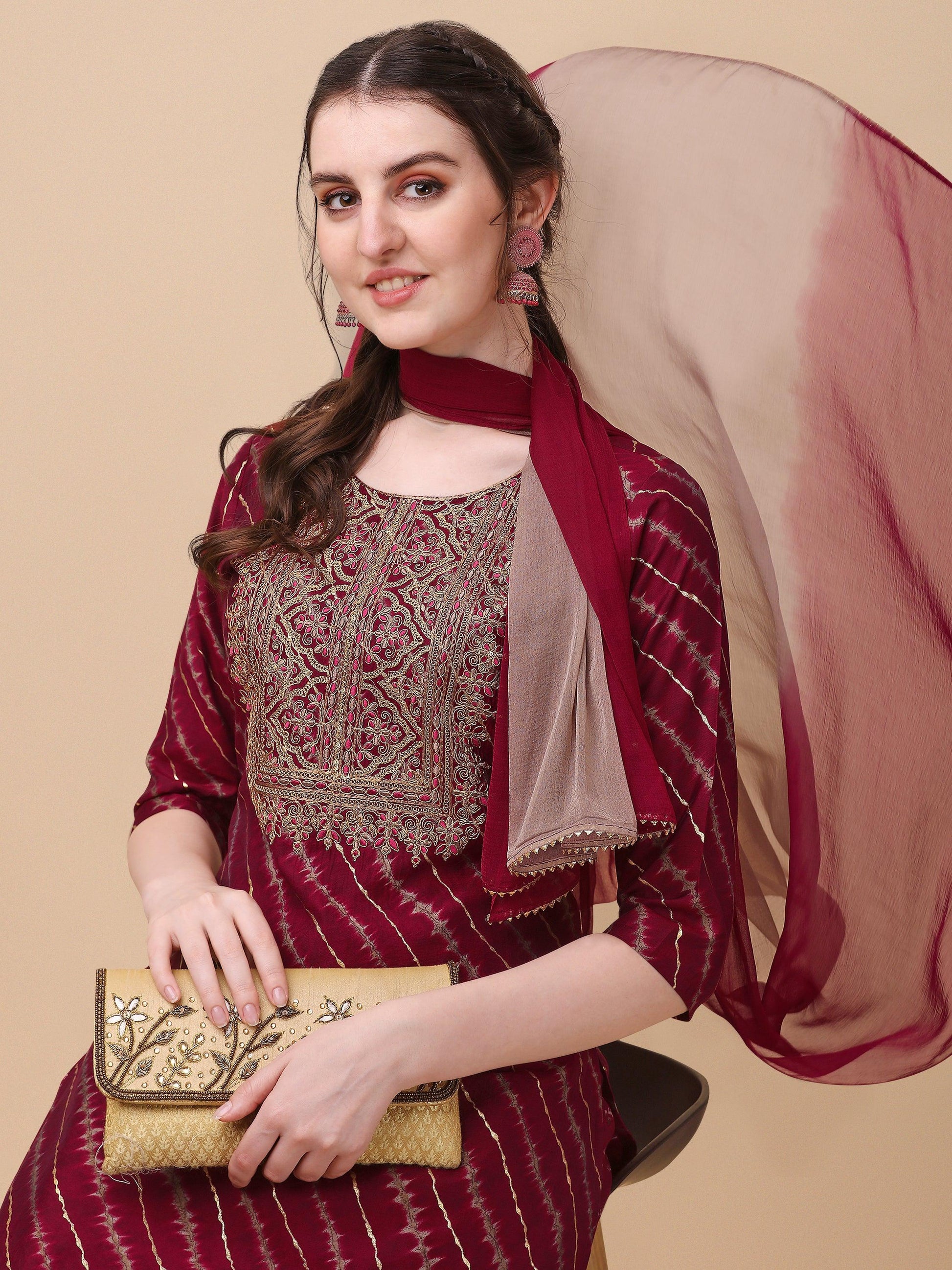 Leheriya Printed & Embroidered Kurta With Pant & Dupatta Set, Multicolor - Hiral Fashion