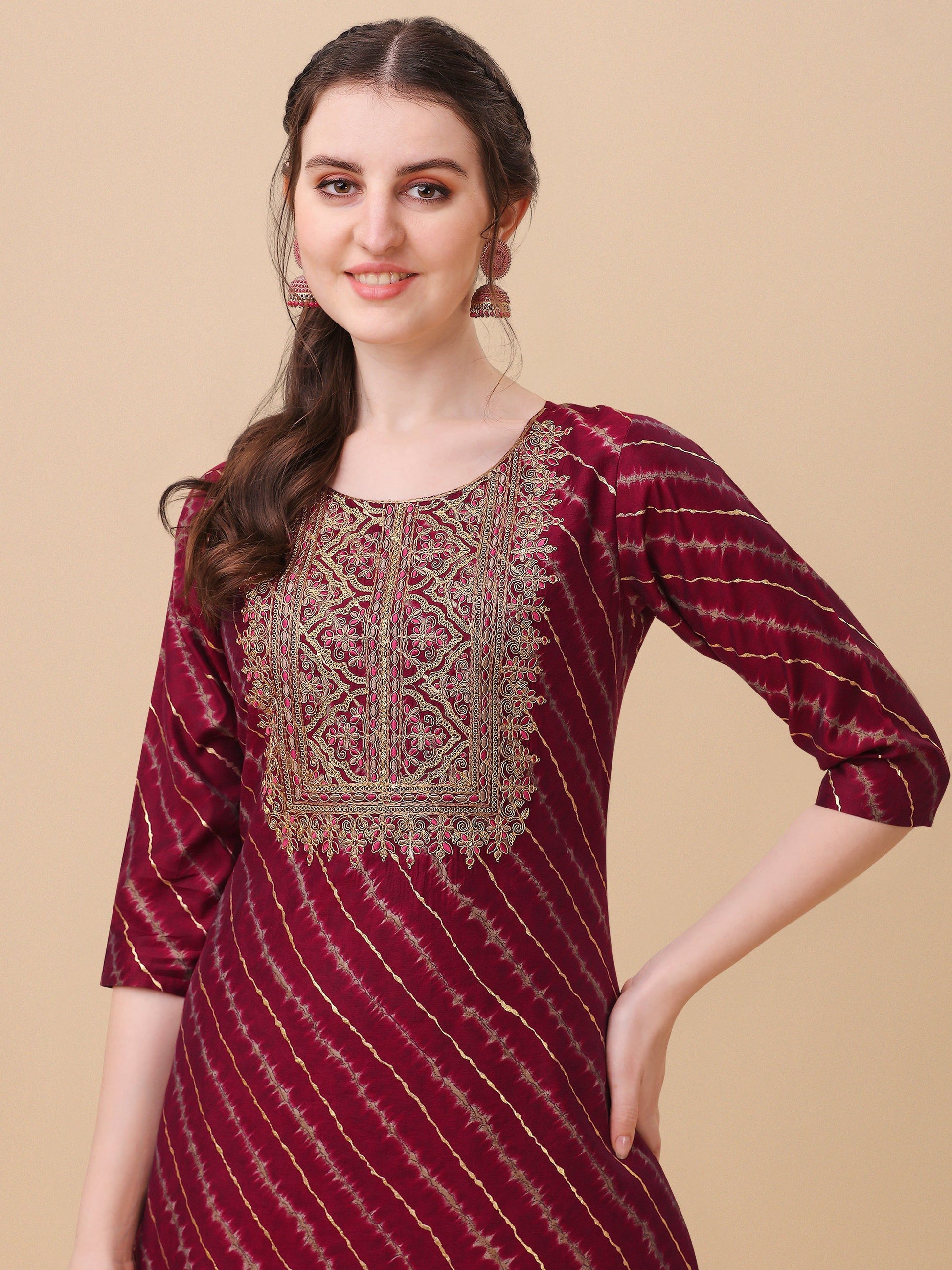 Leheriya Printed & Embroidered Kurta With Pant & Dupatta Set, Multicolor - Hiral Fashion