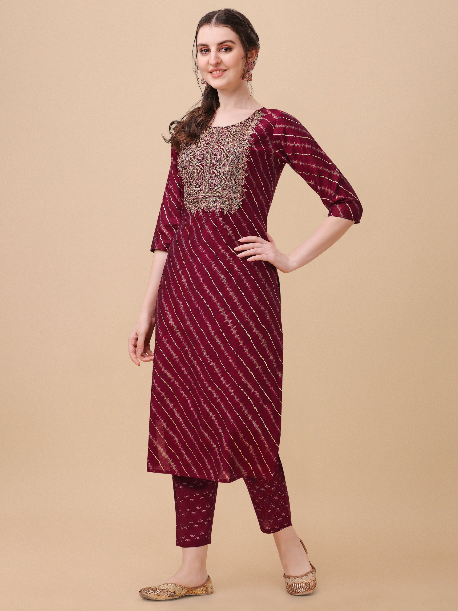 Leheriya Printed & Embroidered Kurta With Pant & Dupatta Set, Multicolor - Hiral Fashion