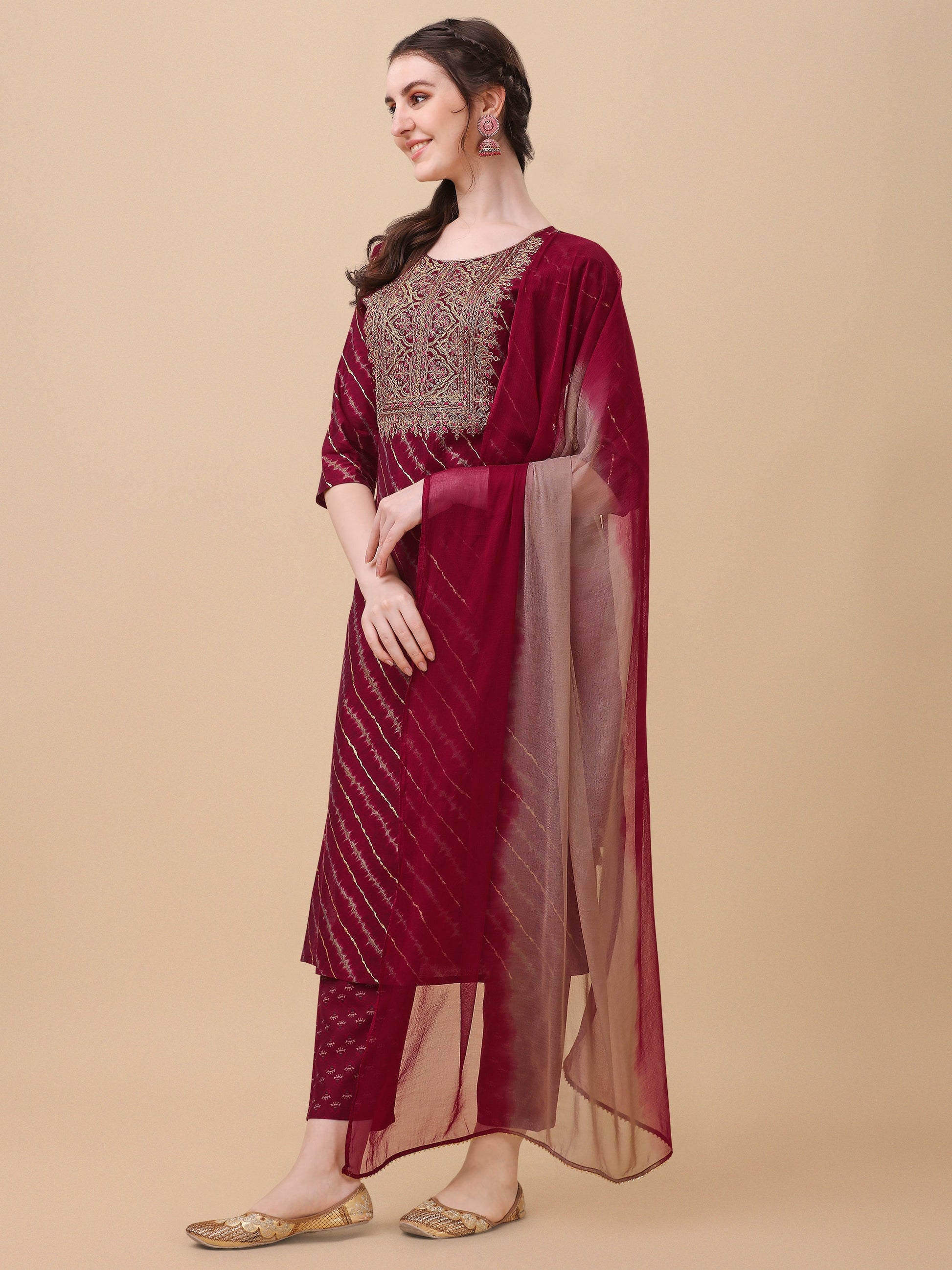 Leheriya Printed & Embroidered Kurta With Pant & Dupatta Set, Multicolor - Hiral Fashion