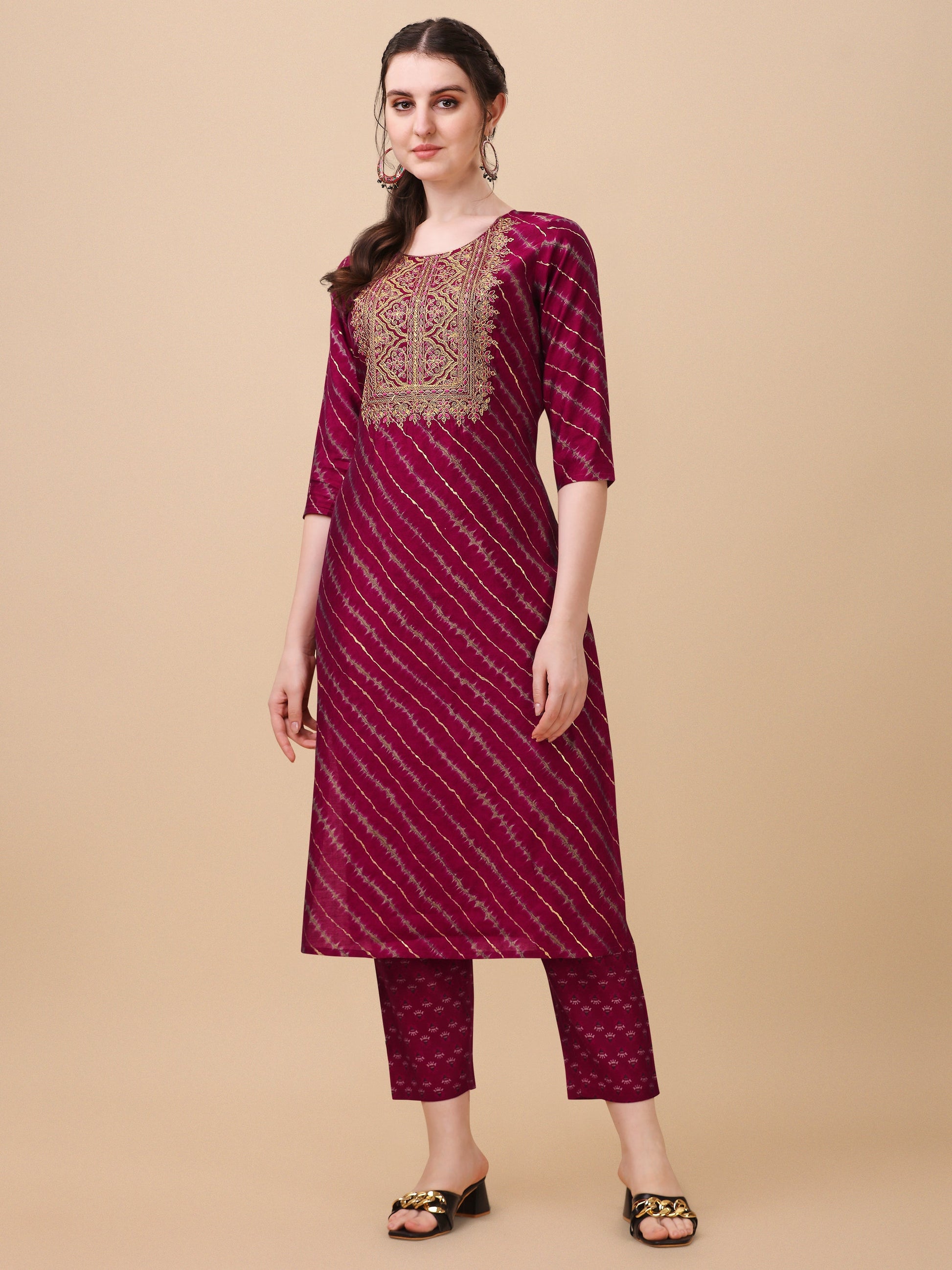 Leheriya Printed & Embroidered Kurta With Pant & Dupatta Set, Multicolor - Hiral Fashion
