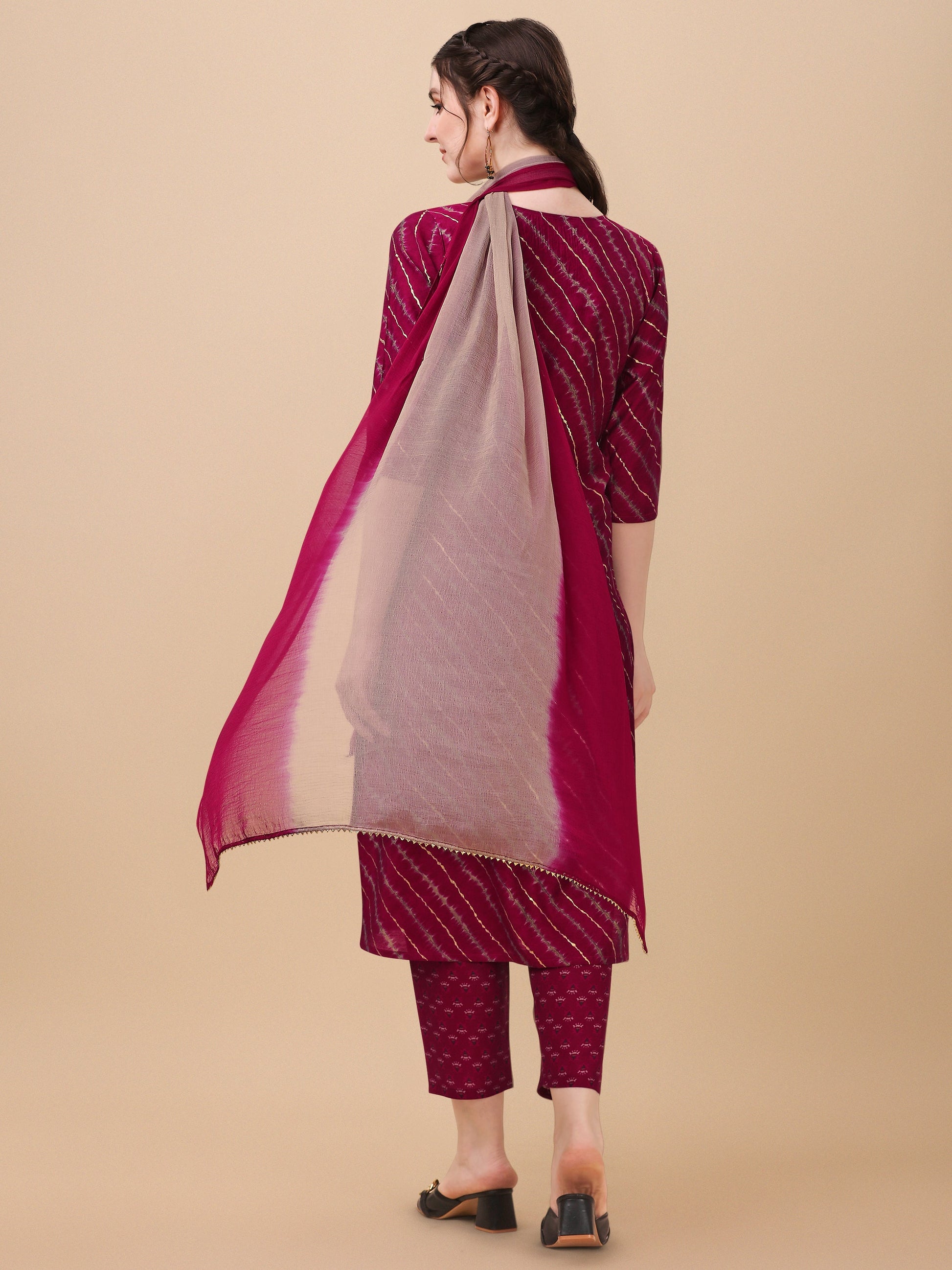 Leheriya Printed & Embroidered Kurta With Pant & Dupatta Set, Multicolor - Hiral Fashion