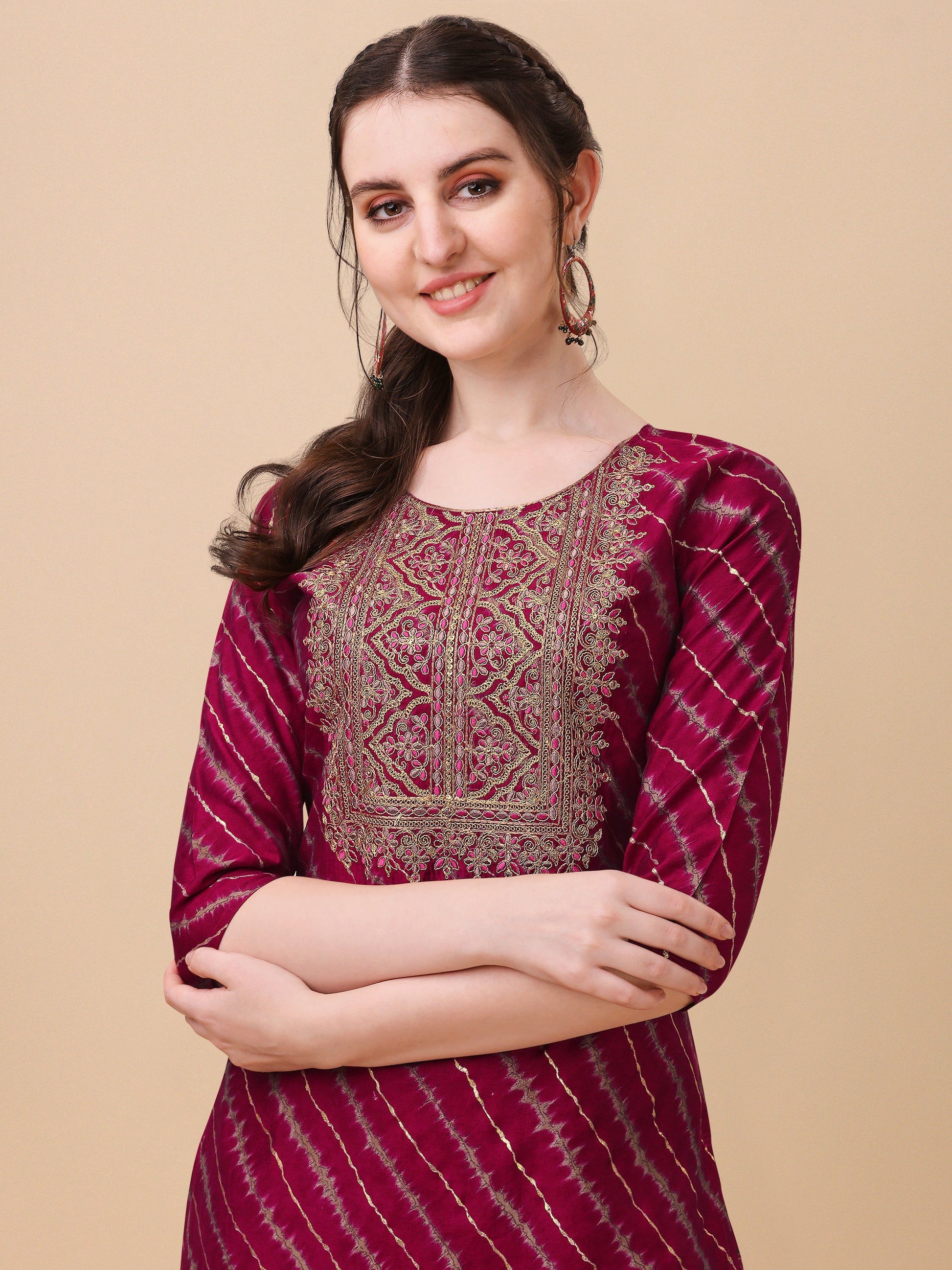 Leheriya Printed & Embroidered Kurta With Pant & Dupatta Set, Multicolor - Hiral Fashion