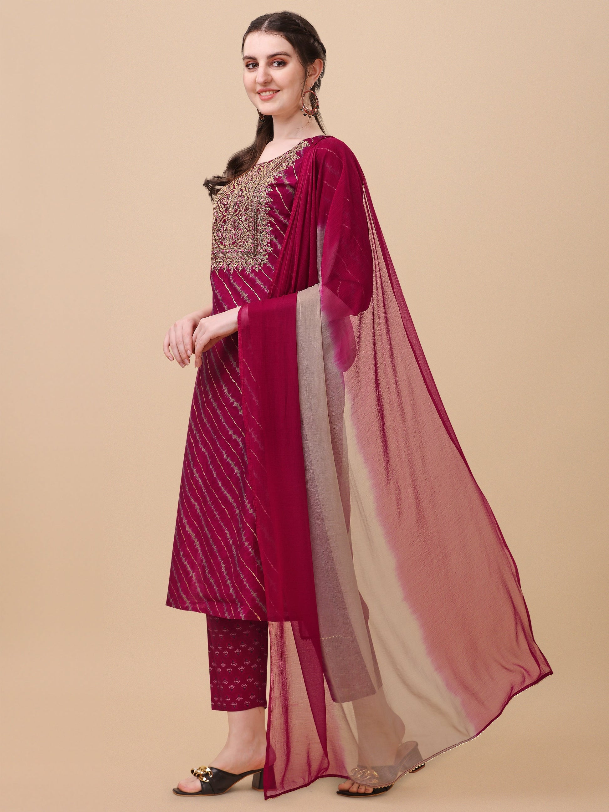 Leheriya Printed & Embroidered Kurta With Pant & Dupatta Set, Multicolor - Hiral Fashion