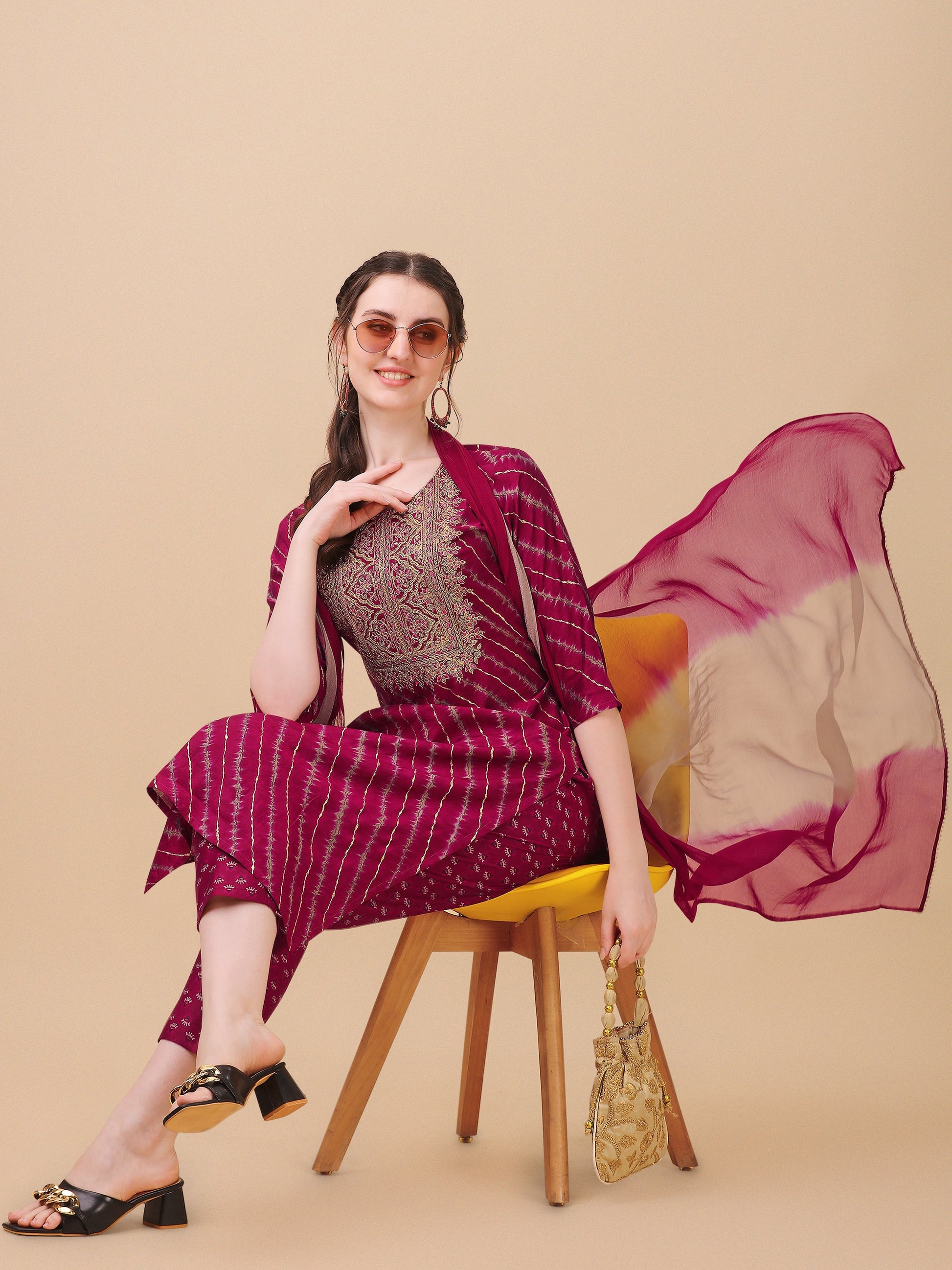 Leheriya Printed & Embroidered Kurta With Pant & Dupatta Set, Multicolor - Hiral Fashion