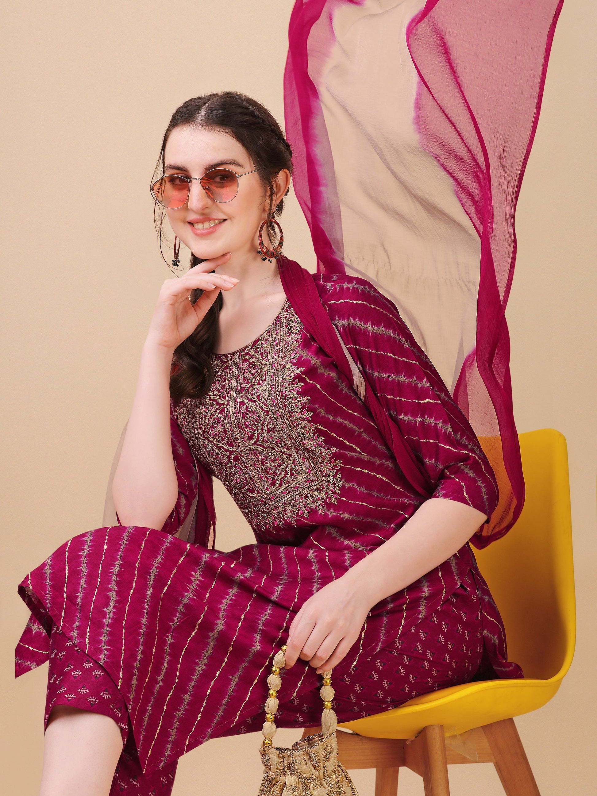 Leheriya Printed & Embroidered Kurta With Pant & Dupatta Set, Multicolor - Hiral Fashion