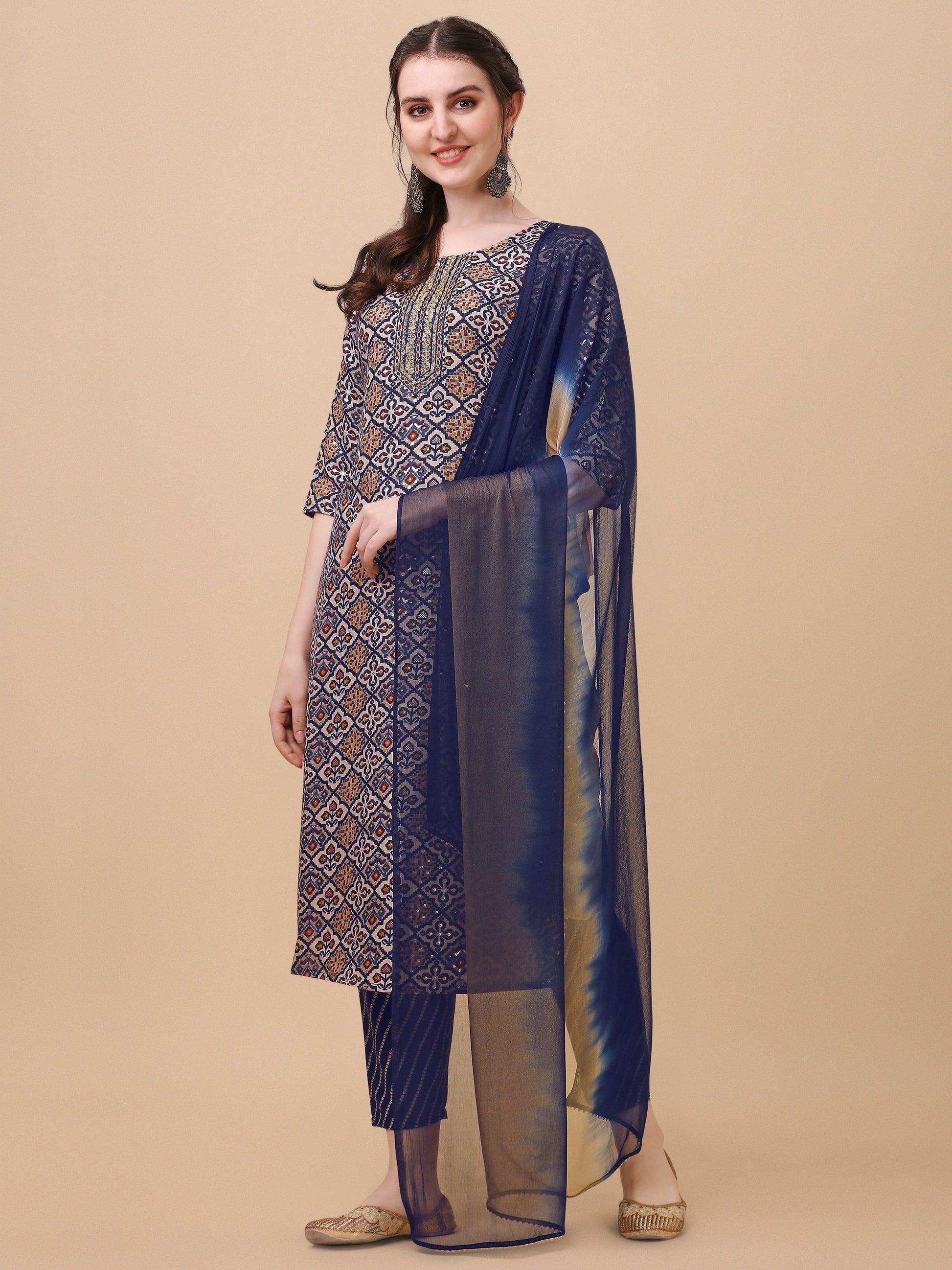 Printed Kurta With Pant And Dupatta Set, Multicolor - Hiral Fashion