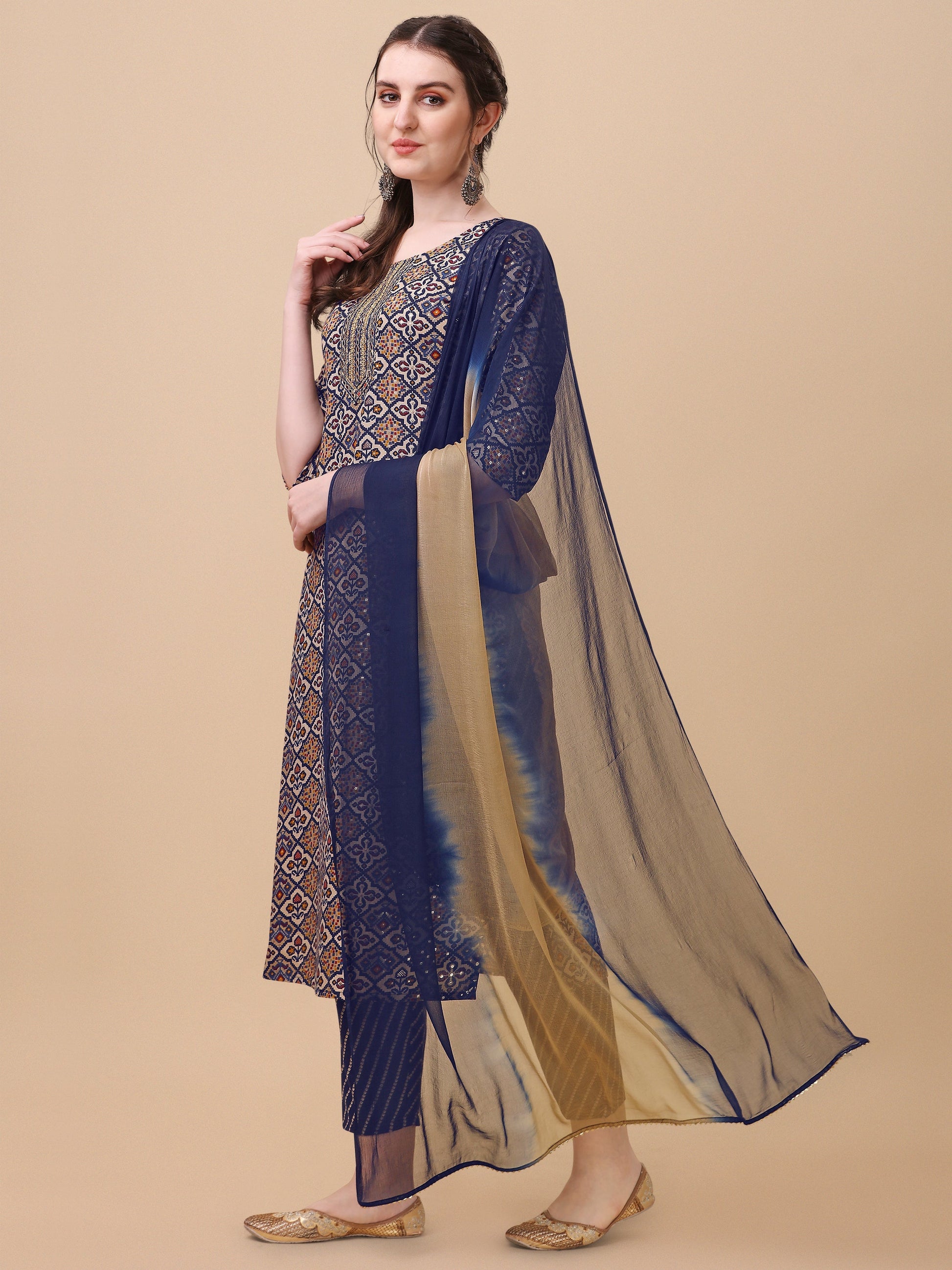 Printed Kurta With Pant And Dupatta Set, Multicolor - Hiral Fashion