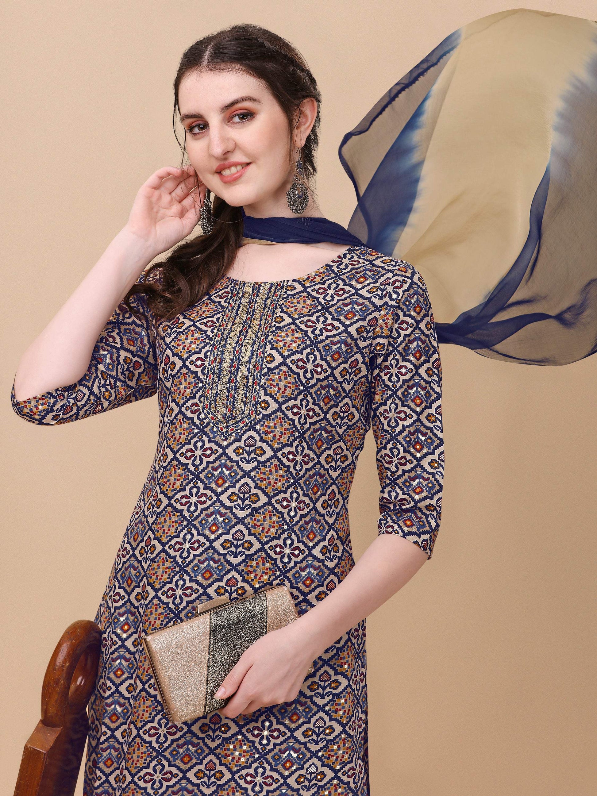 Printed Kurta With Pant And Dupatta Set, Multicolor - Hiral Fashion