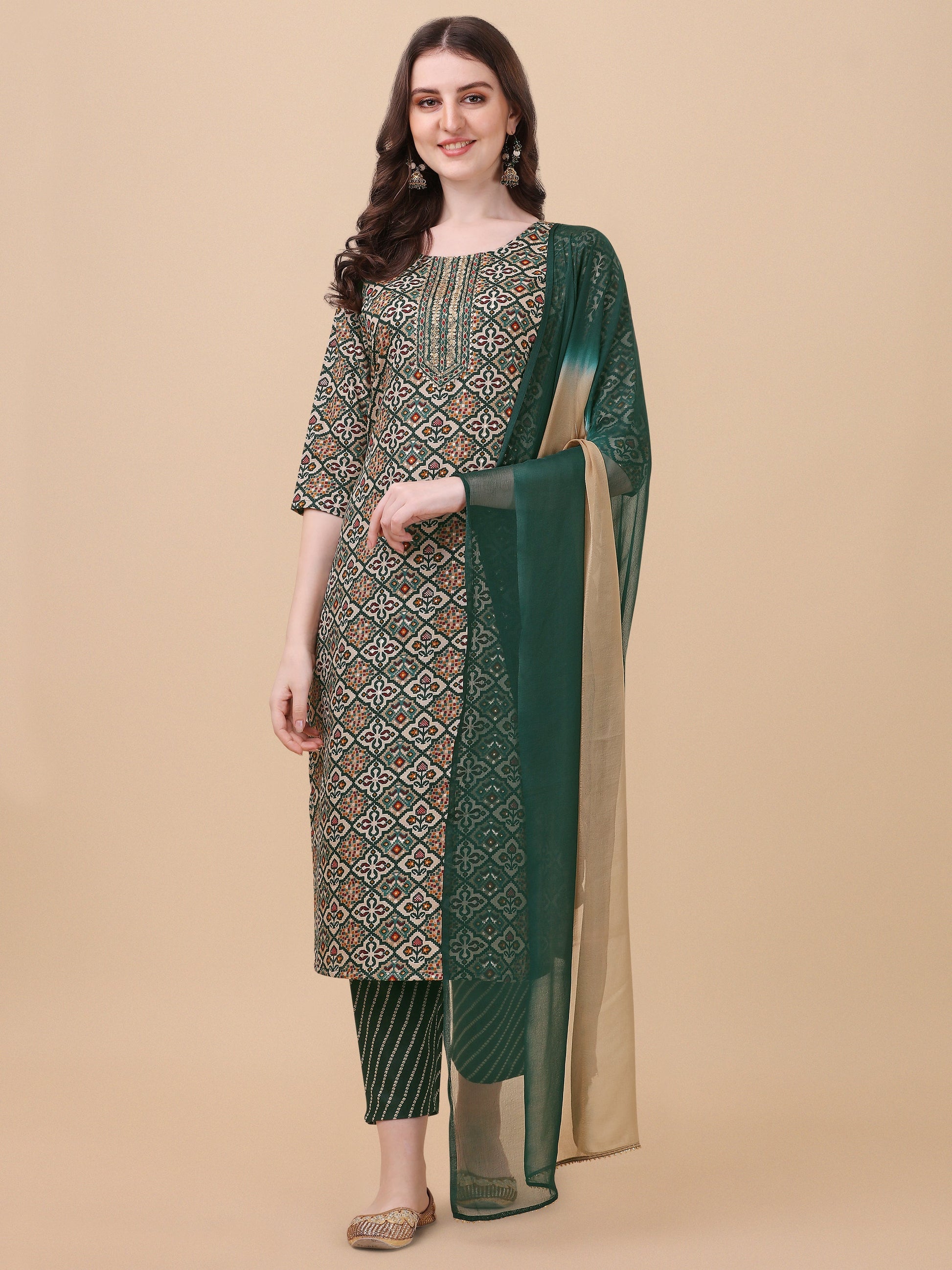 Berrylicious Womens Cotton Green Kurta With Pant And Dupatta Set., Multicolor - Hiral Fashion
