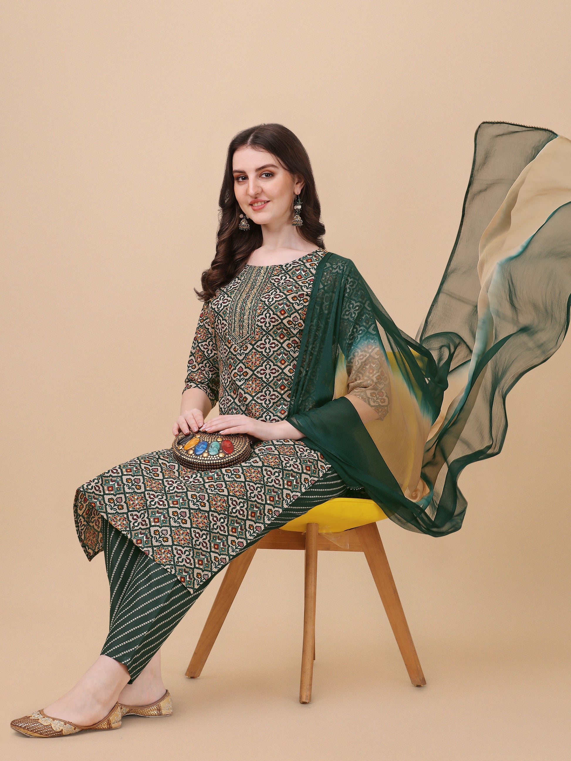 Berrylicious Womens Cotton Green Kurta With Pant And Dupatta Set., Multicolor - Hiral Fashion