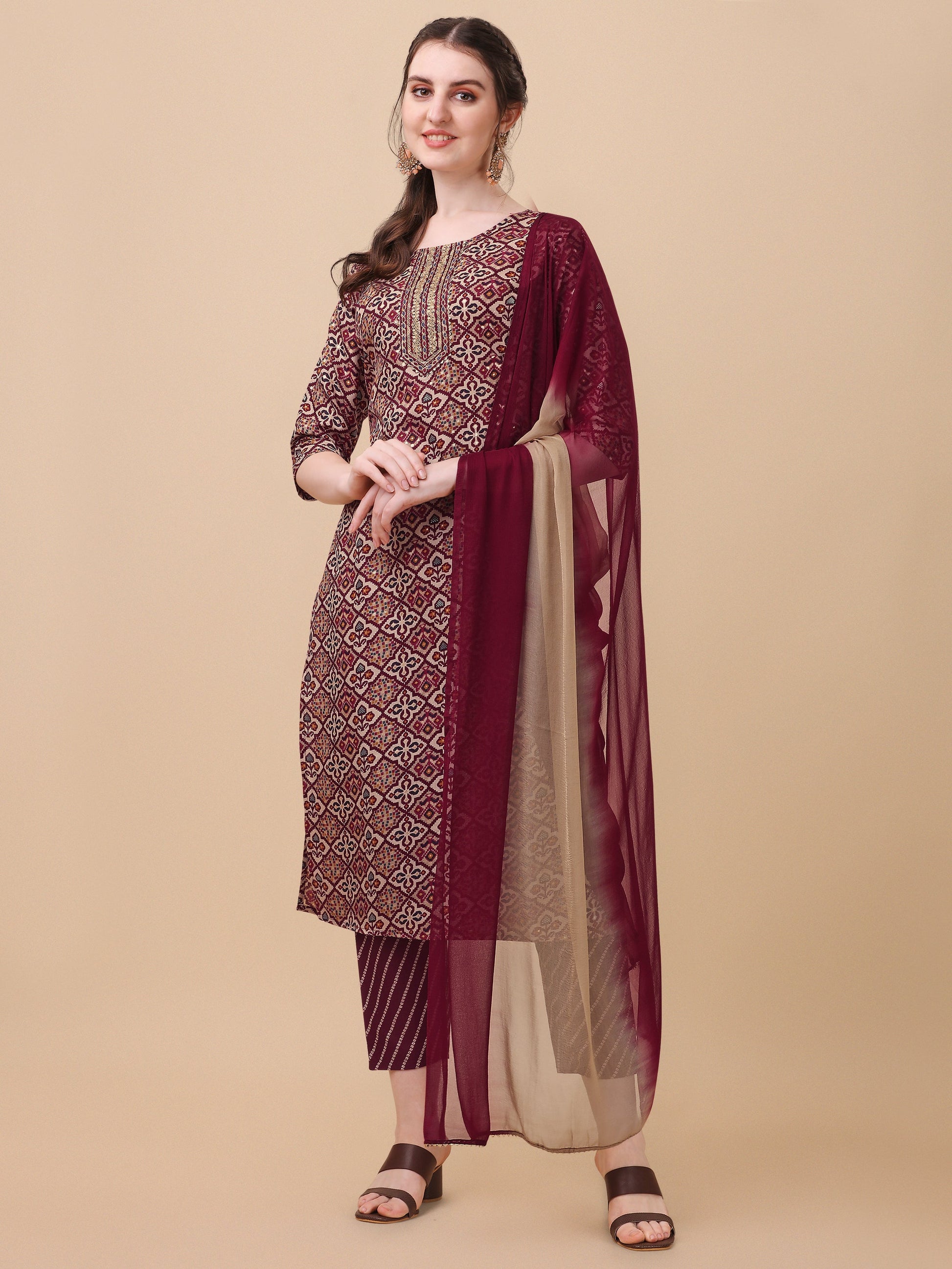 Printed Kurta With Pant And Dupatta Set, Multicolor - Hiral Fashion