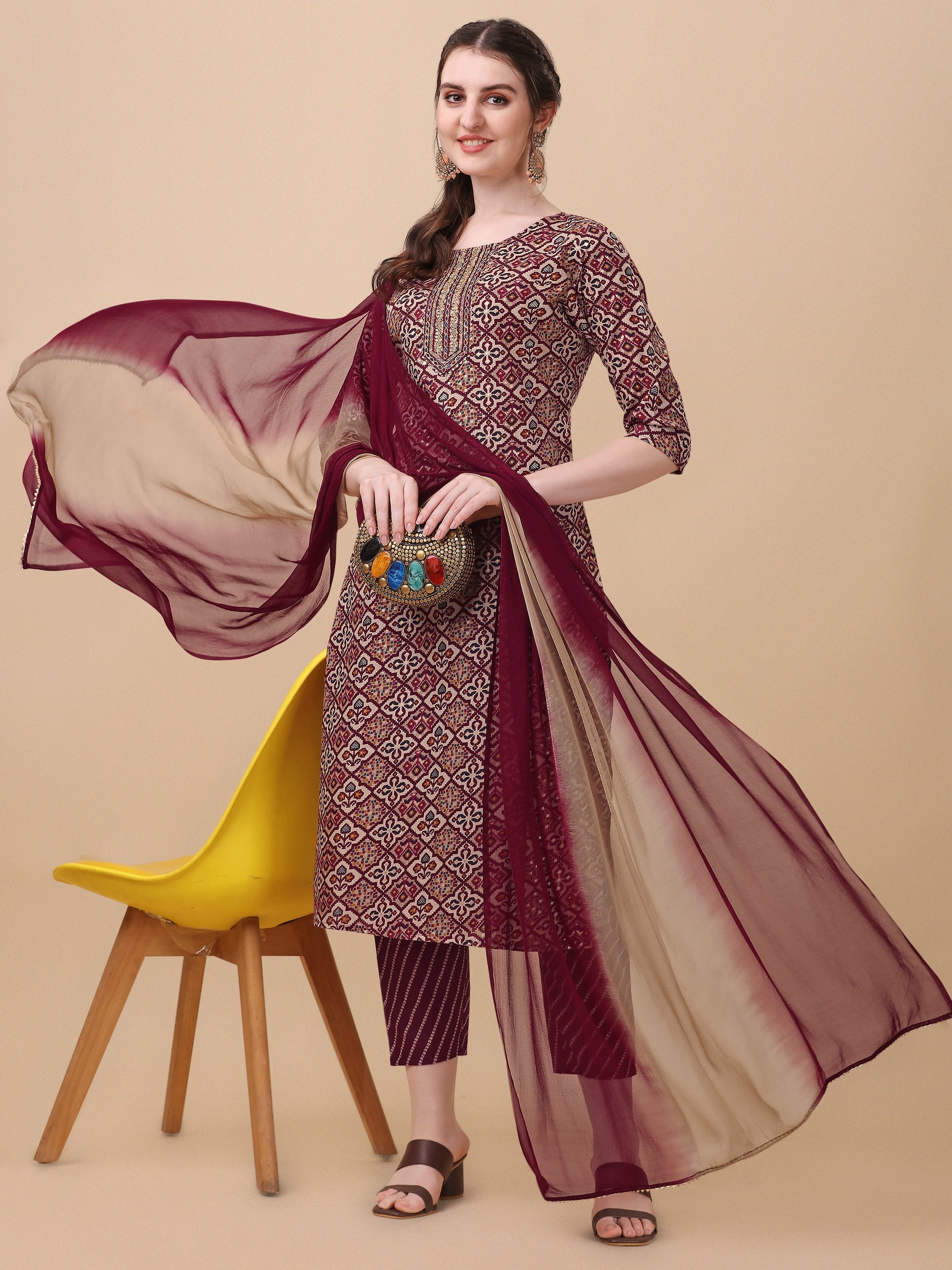 Printed Kurta With Pant And Dupatta Set, Multicolor - Hiral Fashion