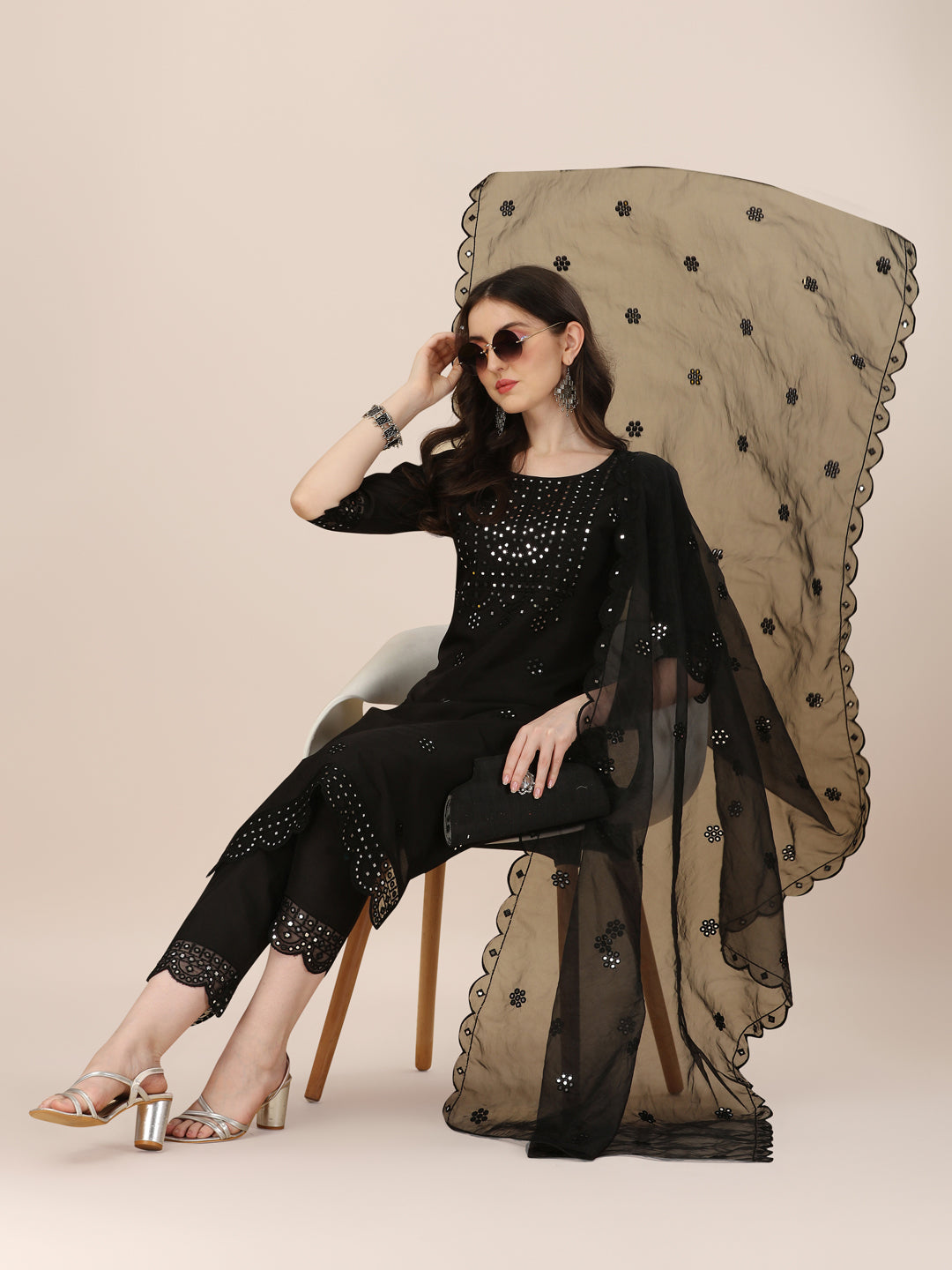 Mirror Embroidered Premium Kurta With Pant And Dupatta, Multicolor - Hiral Fashion