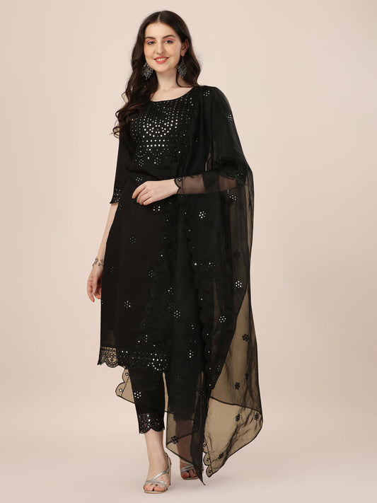 Mirror Embroidered Premium Kurta With Pant And Dupatta, Multicolor - Hiral Fashion
