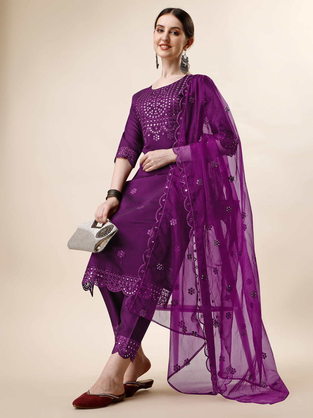 Mirror Embroidered Kurta With Pant And Dupatta Set, Multicolor - Hiral Fashion