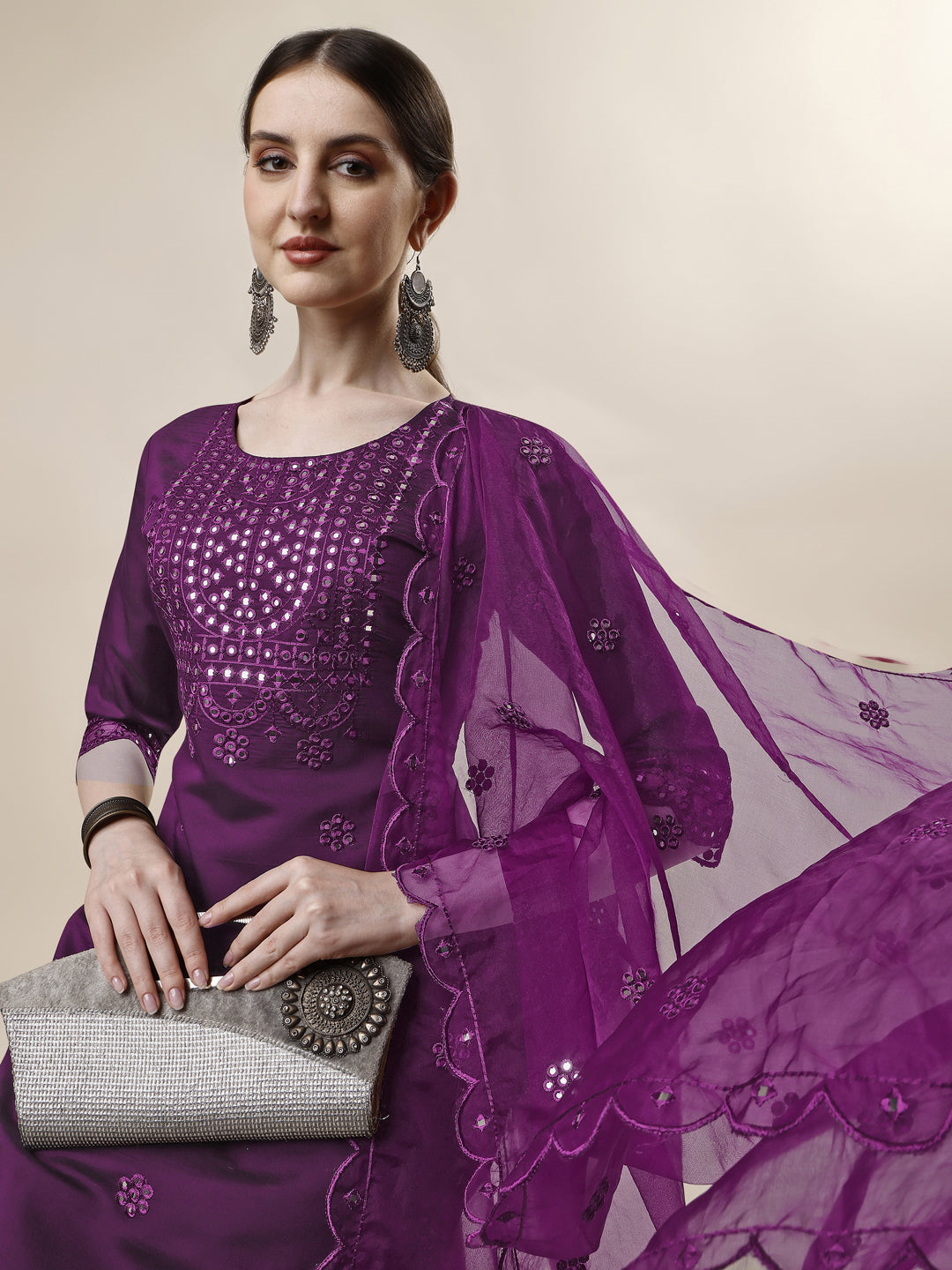 Mirror Embroidered Kurta With Pant And Dupatta Set, Multicolor - Hiral Fashion