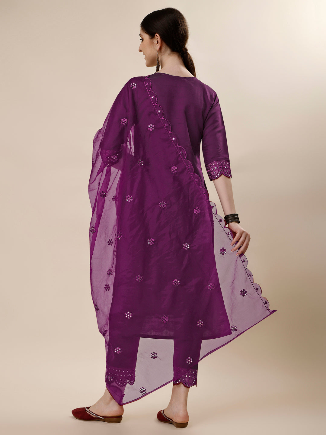 Mirror Embroidered Kurta With Pant And Dupatta Set, Multicolor - Hiral Fashion