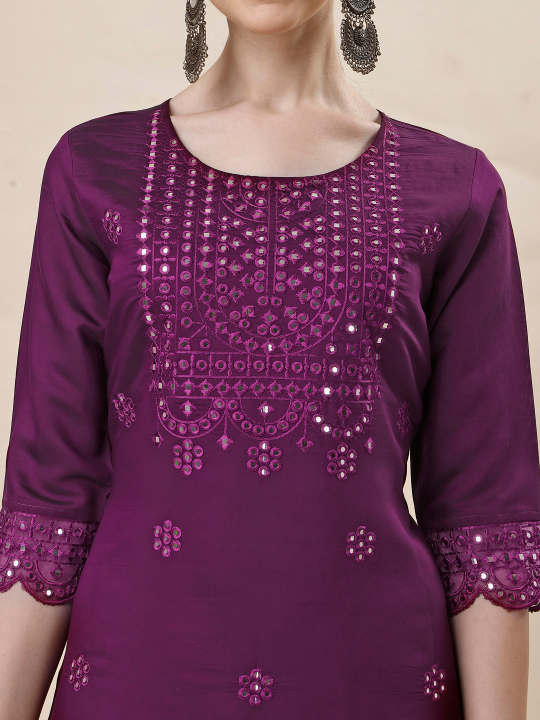 Mirror Embroidered Kurta With Pant And Dupatta Set, Multicolor - Hiral Fashion