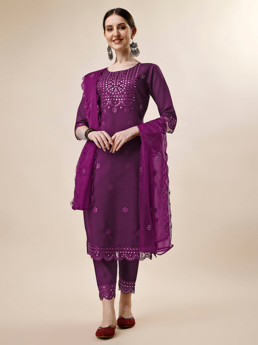Mirror Embroidered Kurta With Pant And Dupatta Set, Multicolor - Hiral Fashion
