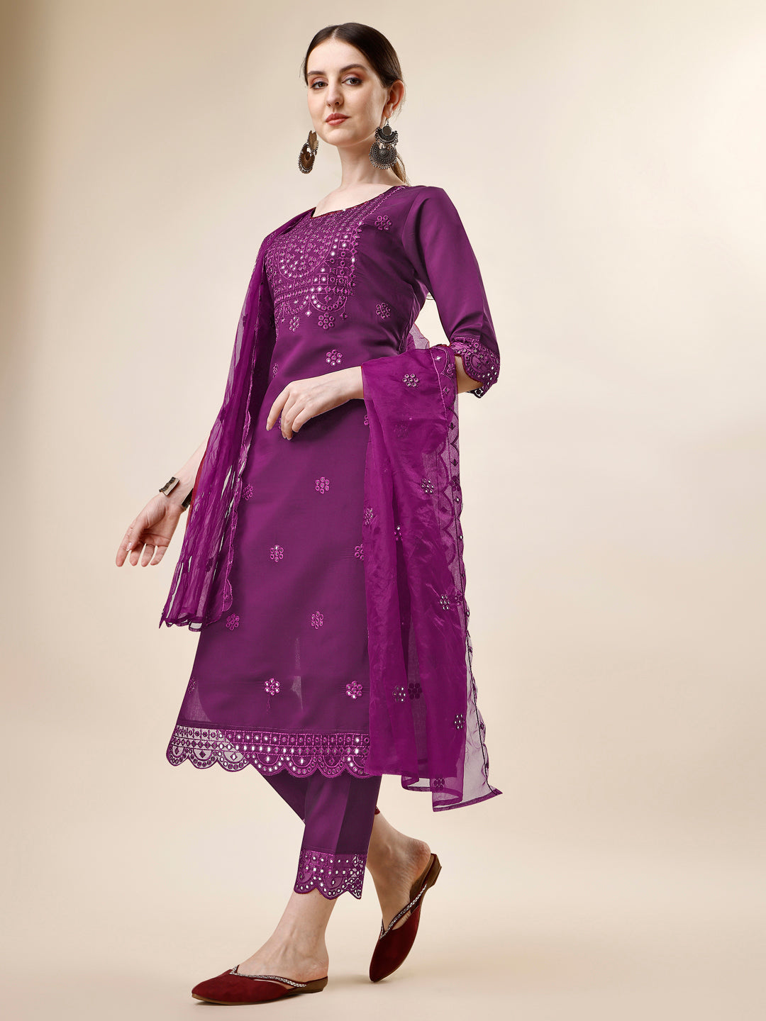 Mirror Embroidered Kurta With Pant And Dupatta Set, Multicolor - Hiral Fashion