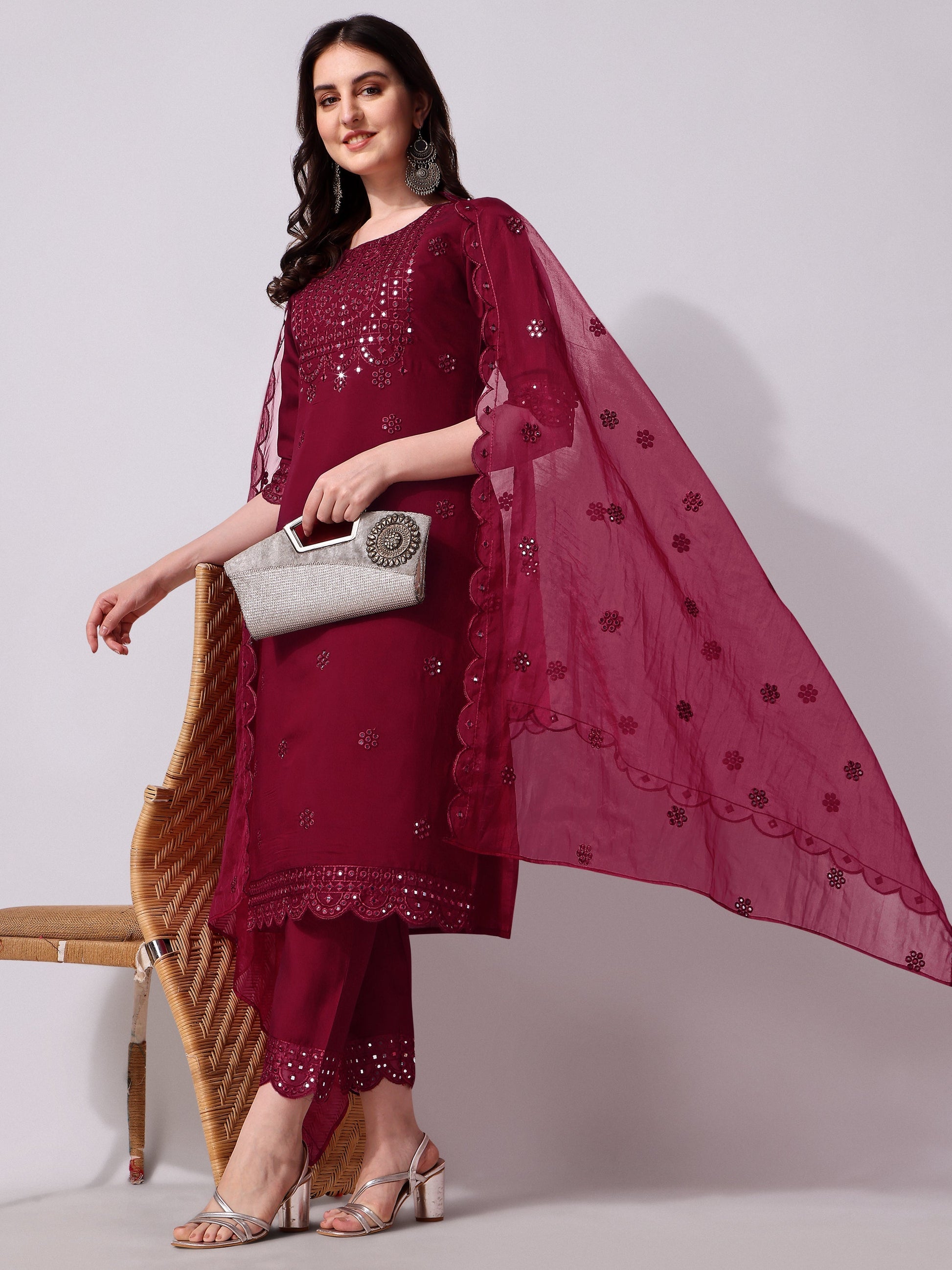 Mirror Embroidered Kurta Pant & Dupatta Set, Multicolor - Hiral Fashion