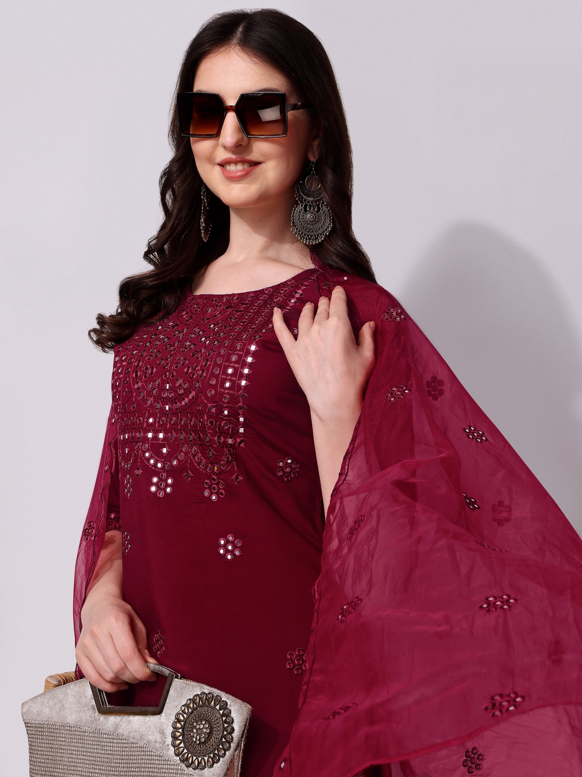 Mirror Embroidered Kurta Pant & Dupatta Set, Multicolor - Hiral Fashion