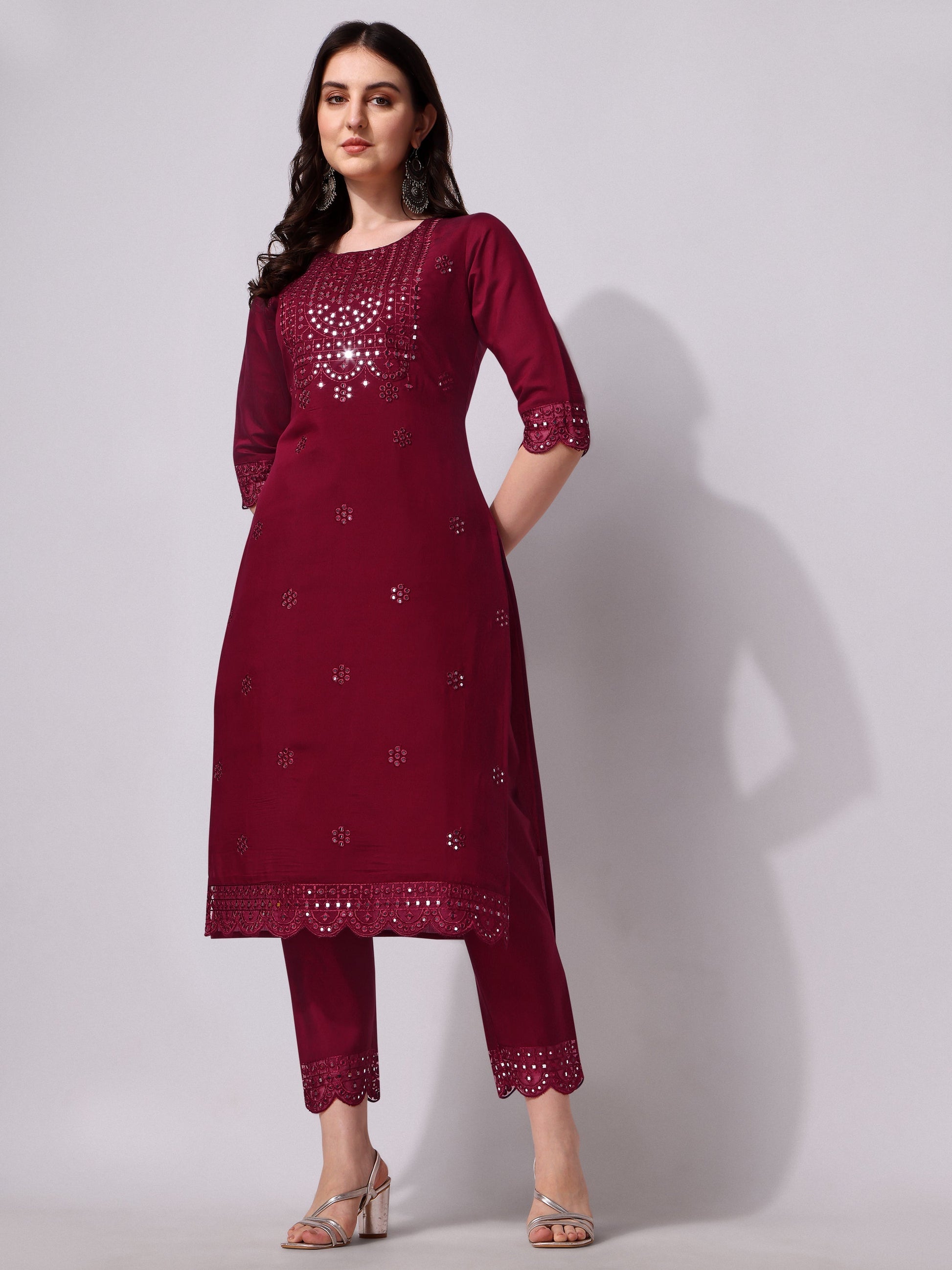 Mirror Embroidered Kurta Pant & Dupatta Set, Multicolor - Hiral Fashion