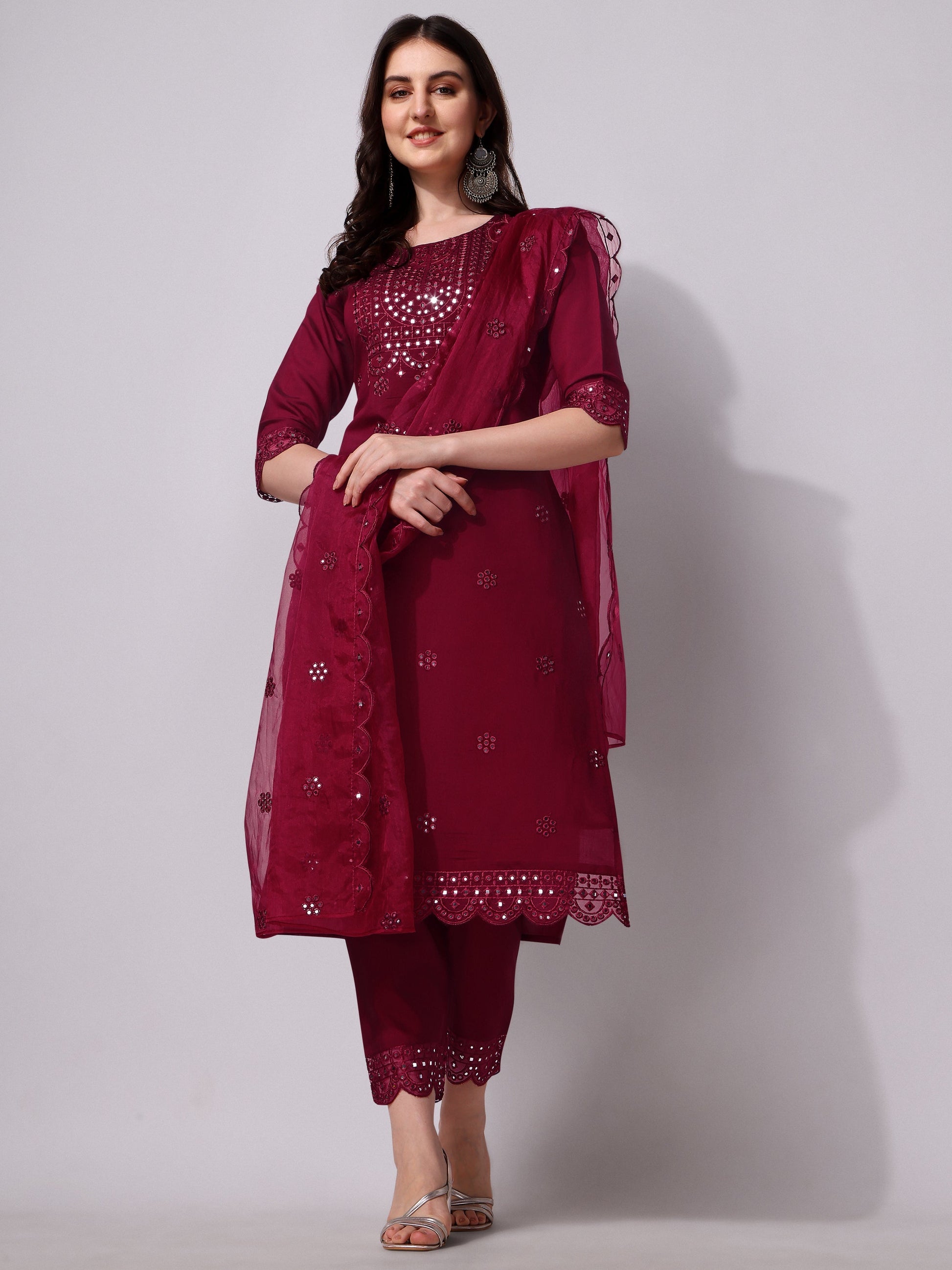 Mirror Embroidered Kurta Pant & Dupatta Set, Multicolor - Hiral Fashion