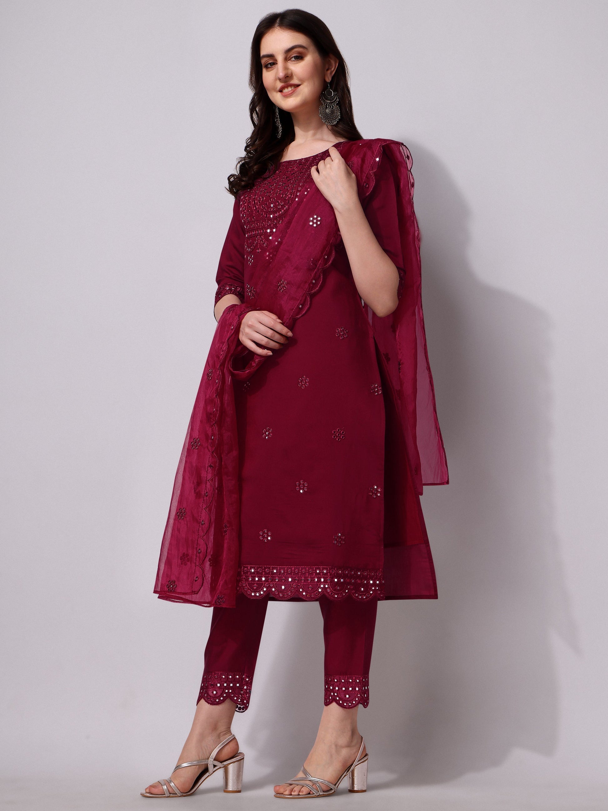 Mirror Embroidered Kurta Pant & Dupatta Set, Multicolor - Hiral Fashion
