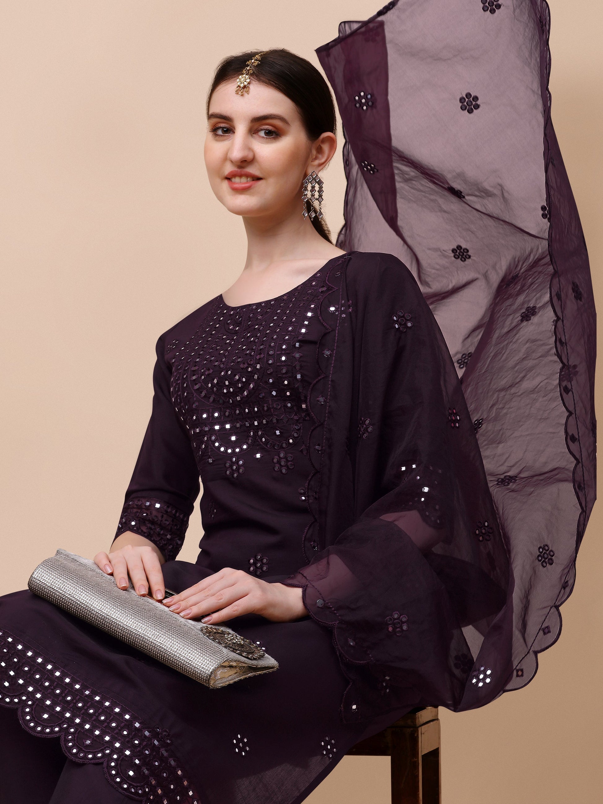 Mirror Embroidered Kurta Pant & Dupatta Set, Multicolor - Hiral Fashion