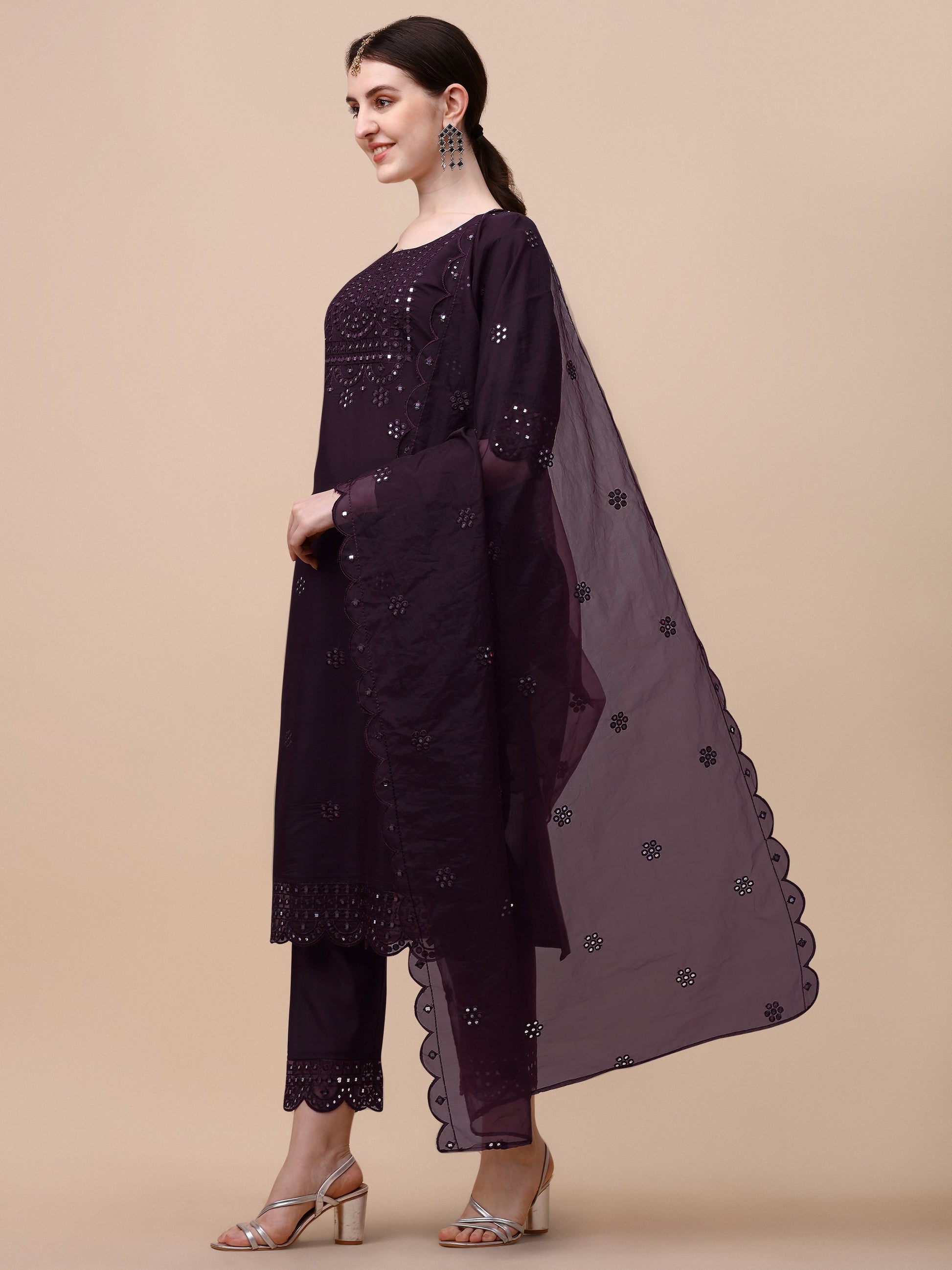 Mirror Embroidered Kurta Pant & Dupatta Set, Multicolor - Hiral Fashion