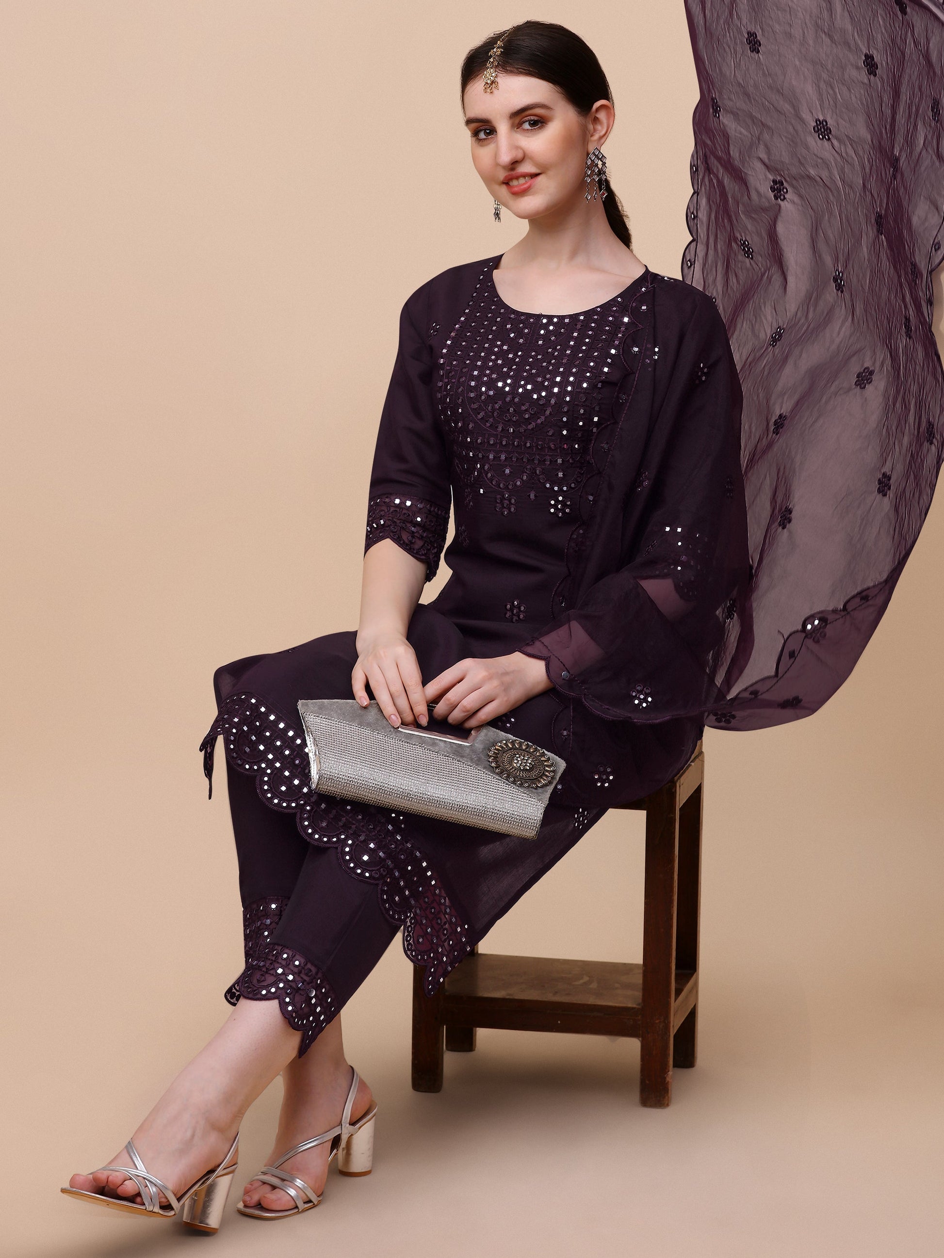 Mirror Embroidered Kurta Pant & Dupatta Set, Multicolor - Hiral Fashion