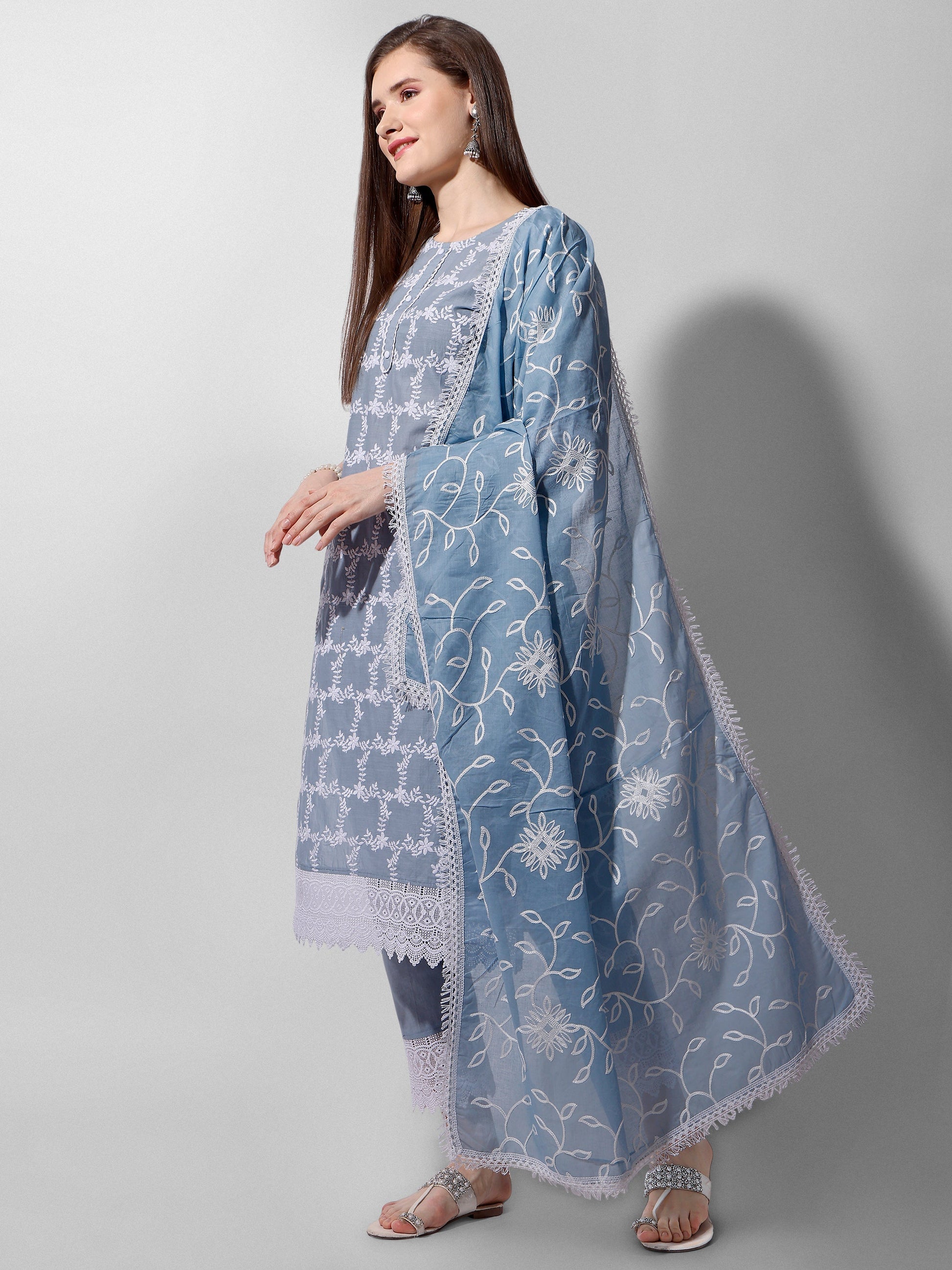 Embroidered Kurta With Pant And Dupatta Set, Multicolor - Hiral Fashion