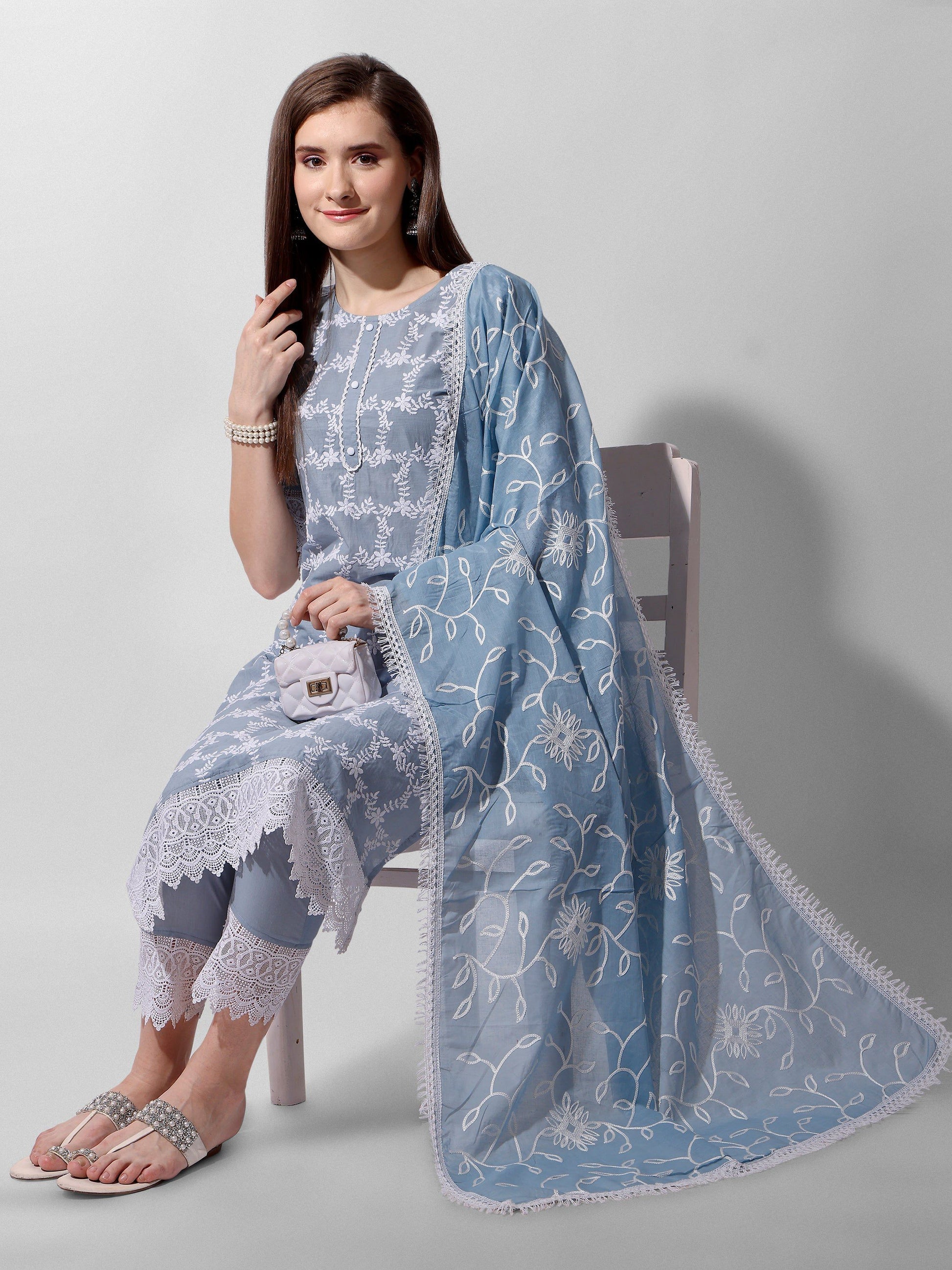 Embroidered Kurta With Pant And Dupatta Set, Multicolor - Hiral Fashion