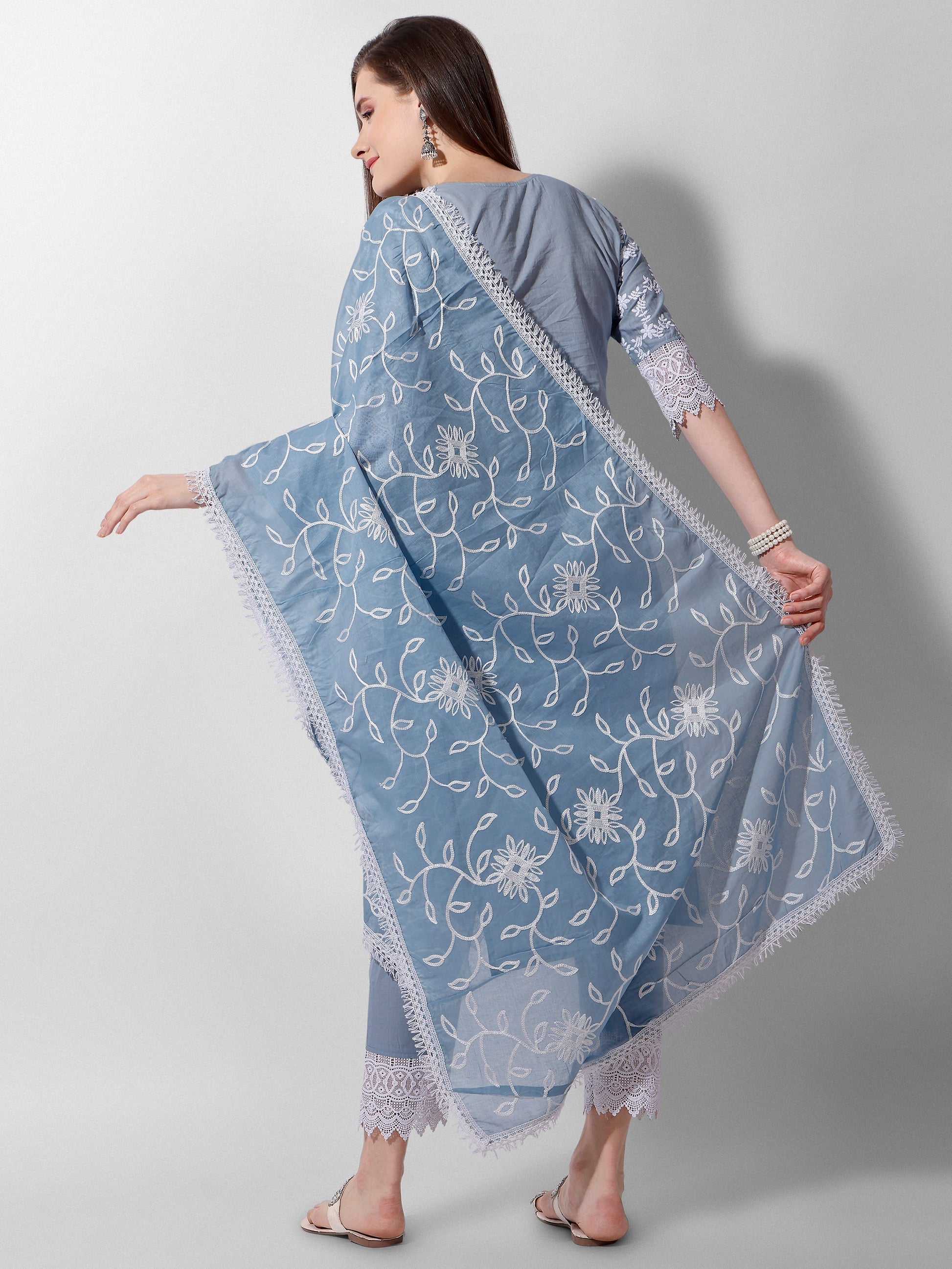 Embroidered Kurta With Pant And Dupatta Set, Multicolor - Hiral Fashion