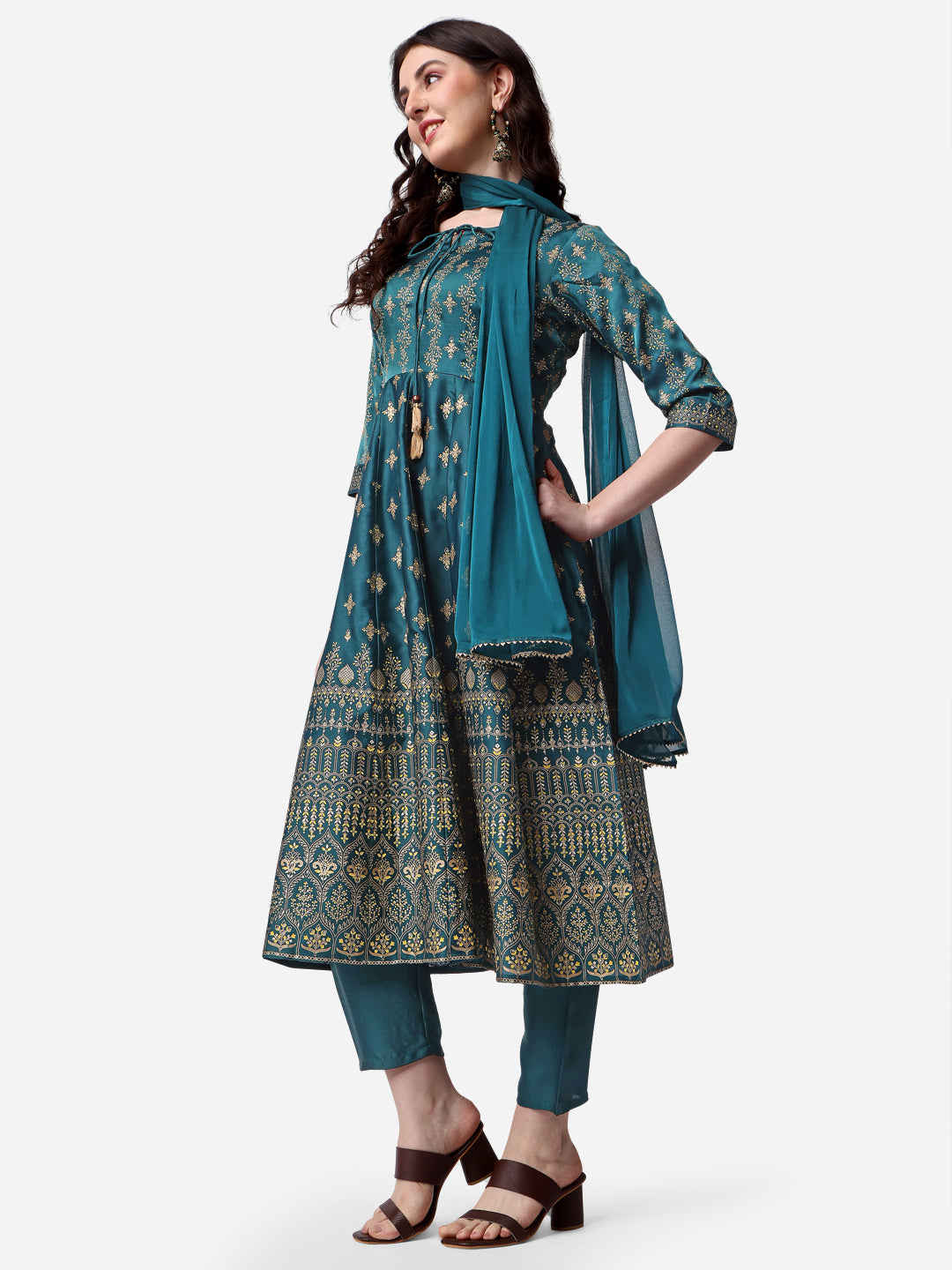 Anarkali Printed Kurta With Pant & Dupatta Set, Multicolor - Hiral Fashion