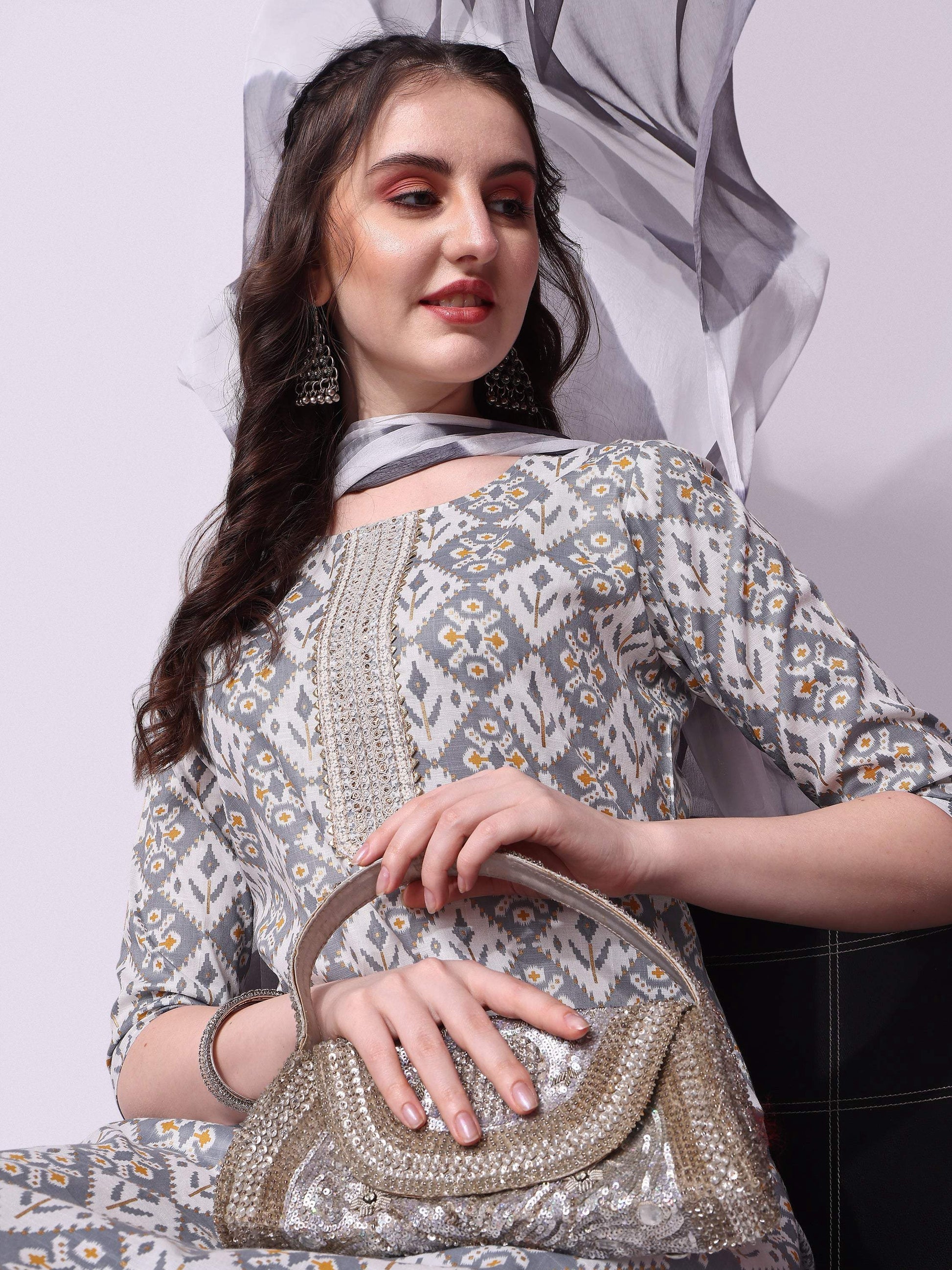 Printed Kurta With Pant & Printed Dupatta Set, Multicolor - Hiral Fashion