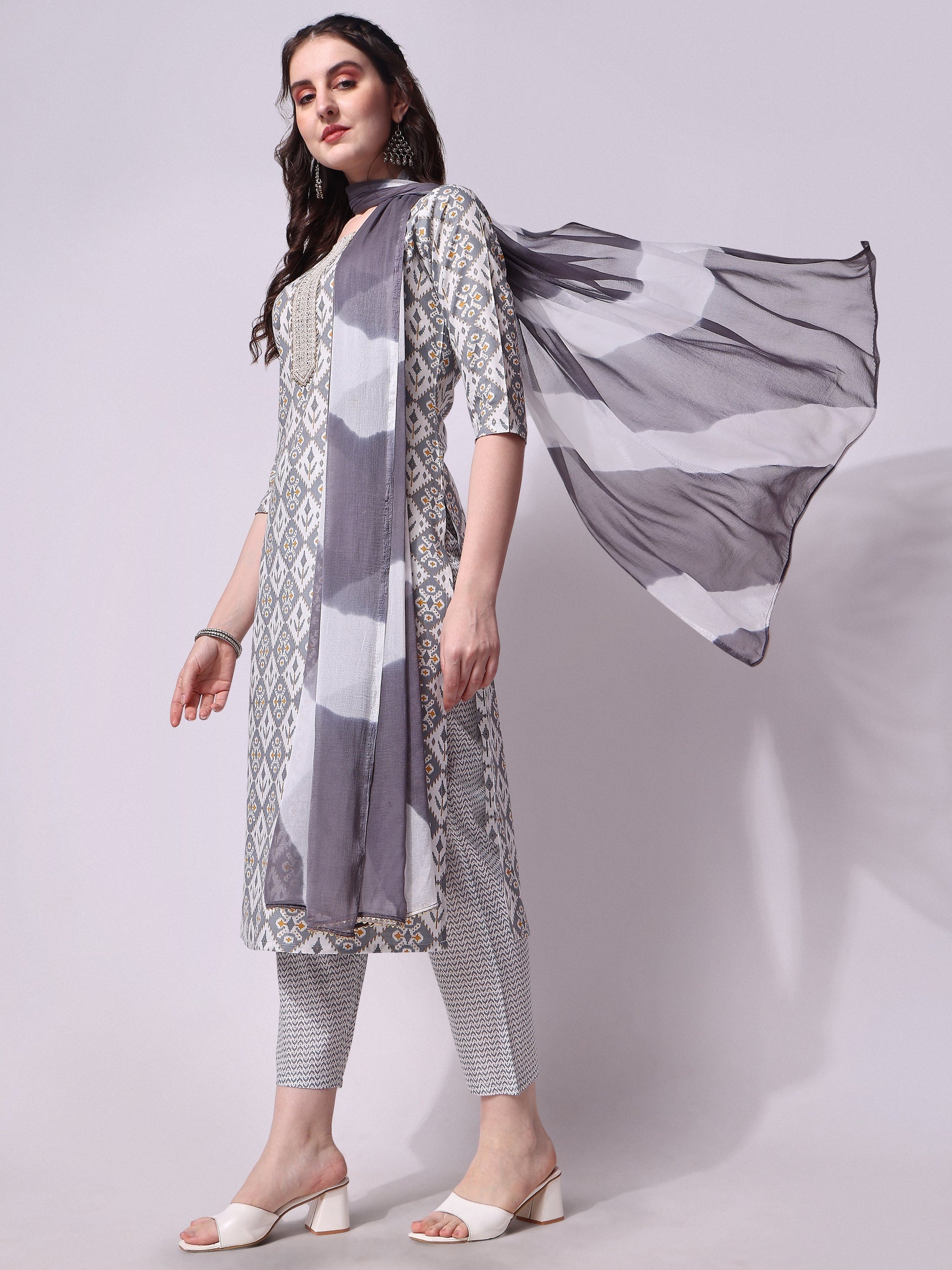 Printed Kurta With Pant & Printed Dupatta Set, Multicolor - Hiral Fashion