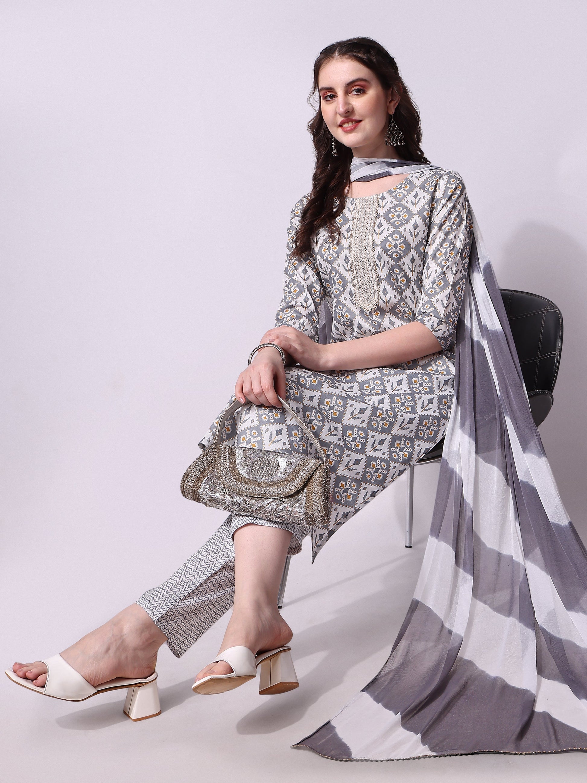 Printed Kurta With Pant & Printed Dupatta Set, Multicolor - Hiral Fashion