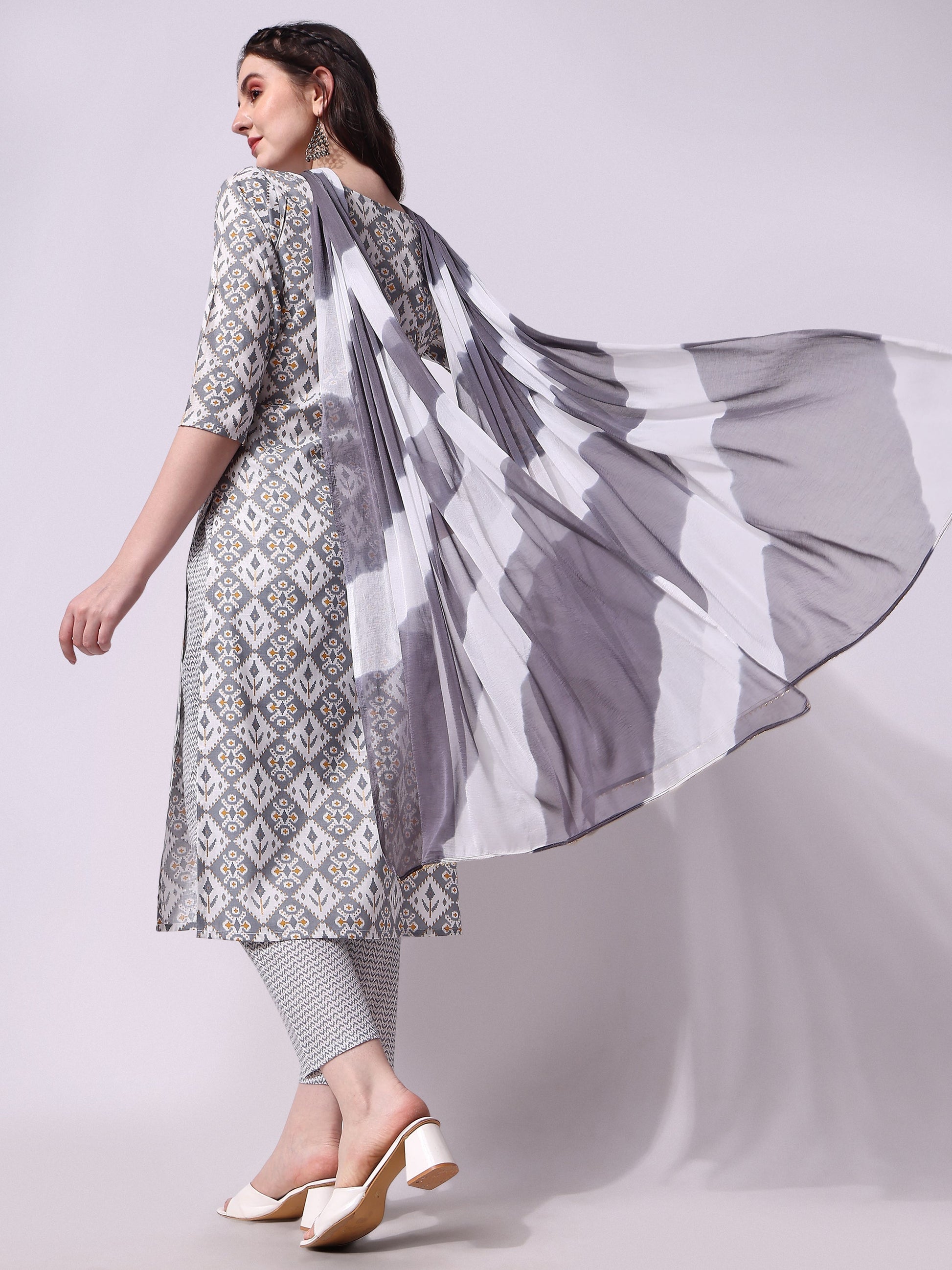 Printed Kurta With Pant & Printed Dupatta Set, Multicolor - Hiral Fashion