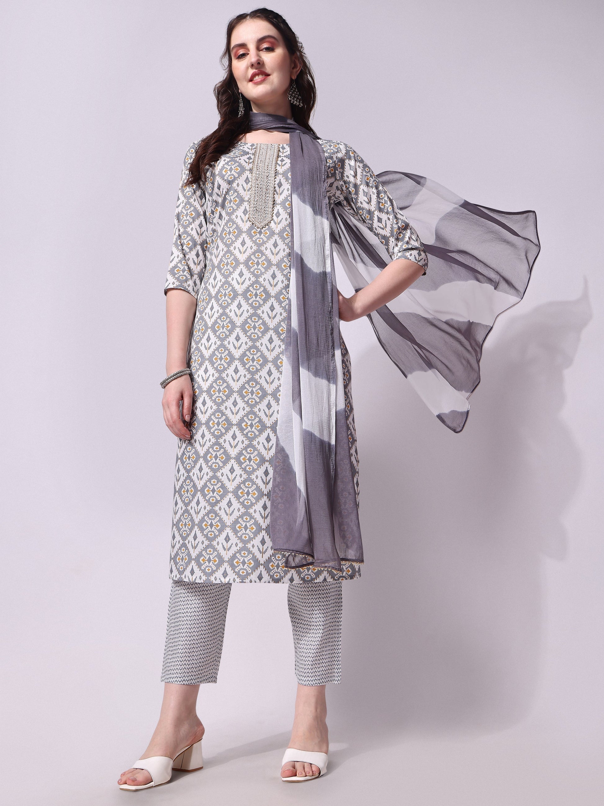 Printed Kurta With Pant & Printed Dupatta Set, Multicolor - Hiral Fashion